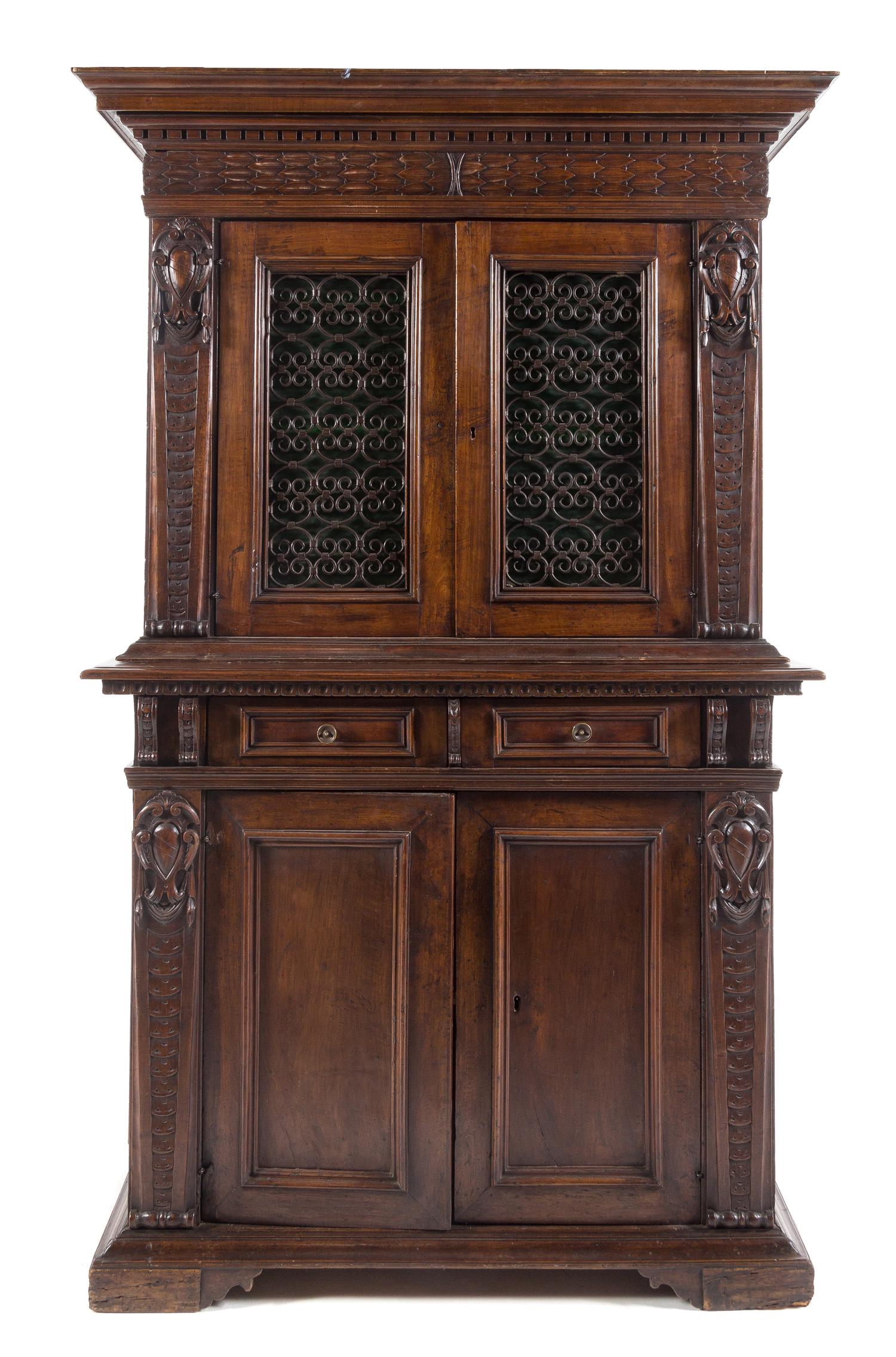 An Italian Renaissance Style Walnut Cabinet Height 79 1/2 x width 48 1/2 x depth 19 7/8 inches. — 17TH CENTURY AND LATER
