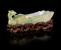 An Apple Green and Celadon Jadeite Brush Washer, Xi Length 5 inches.
