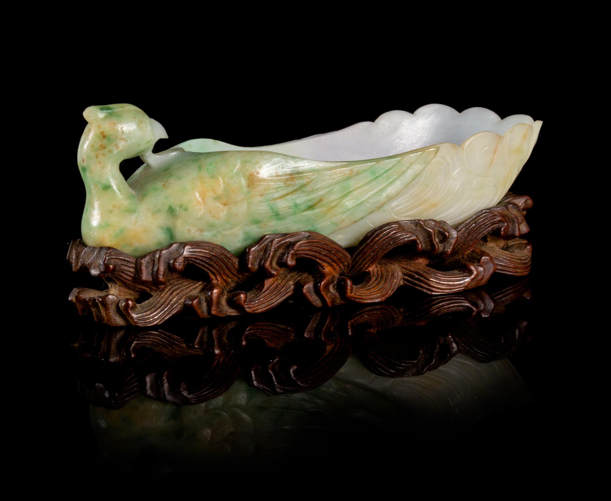 An Apple Green and Celadon Jadeite Brush Washer, Xi Length 5 inches.