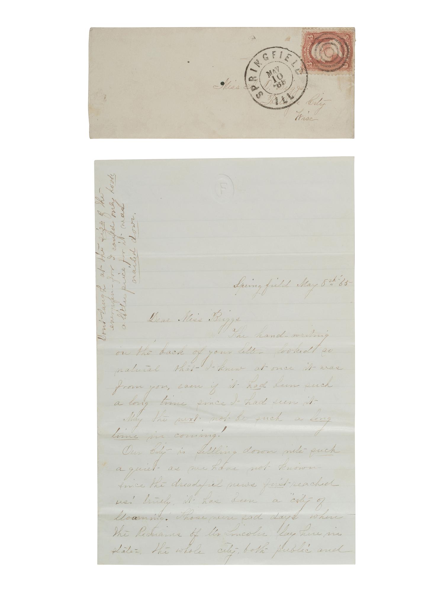 [LINCOLN FUNERAL]. 4pp. letter providing first-hand account of Lincoln lying in state in Springfield, IL. 8 May 1865.