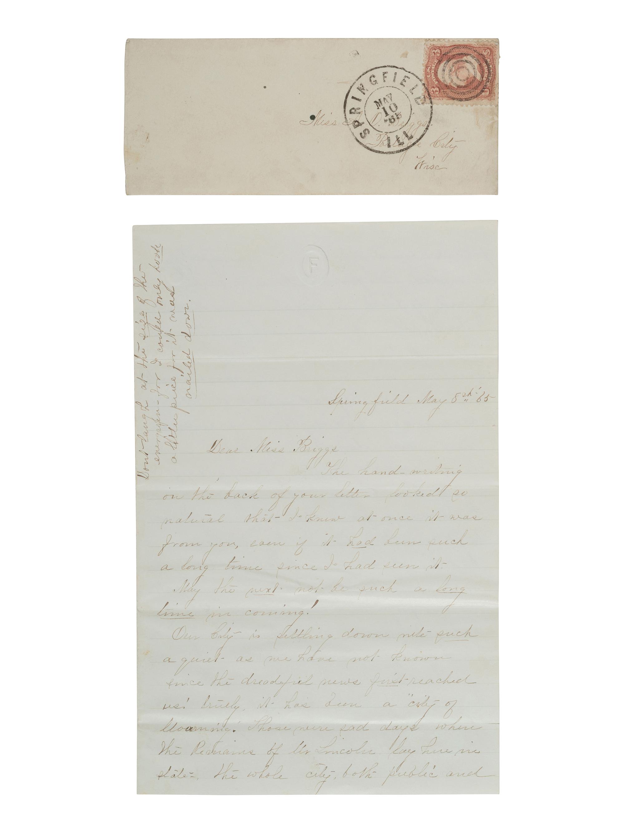 [LINCOLN FUNERAL]. 4pp. letter providing first-hand account of Lincoln lying in state in Springfield, IL. 8 May 1865.