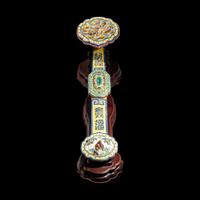 A Chinese Molded Famille Rose Porcelain Ruyi Scepter 粉彩瓷如意配木座