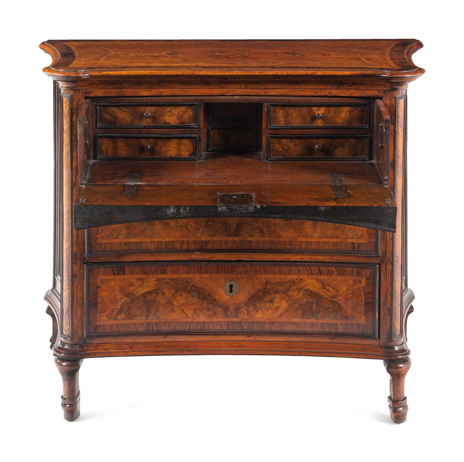 A Continental Part-Ebonized Burl Walnut Secretary Commode