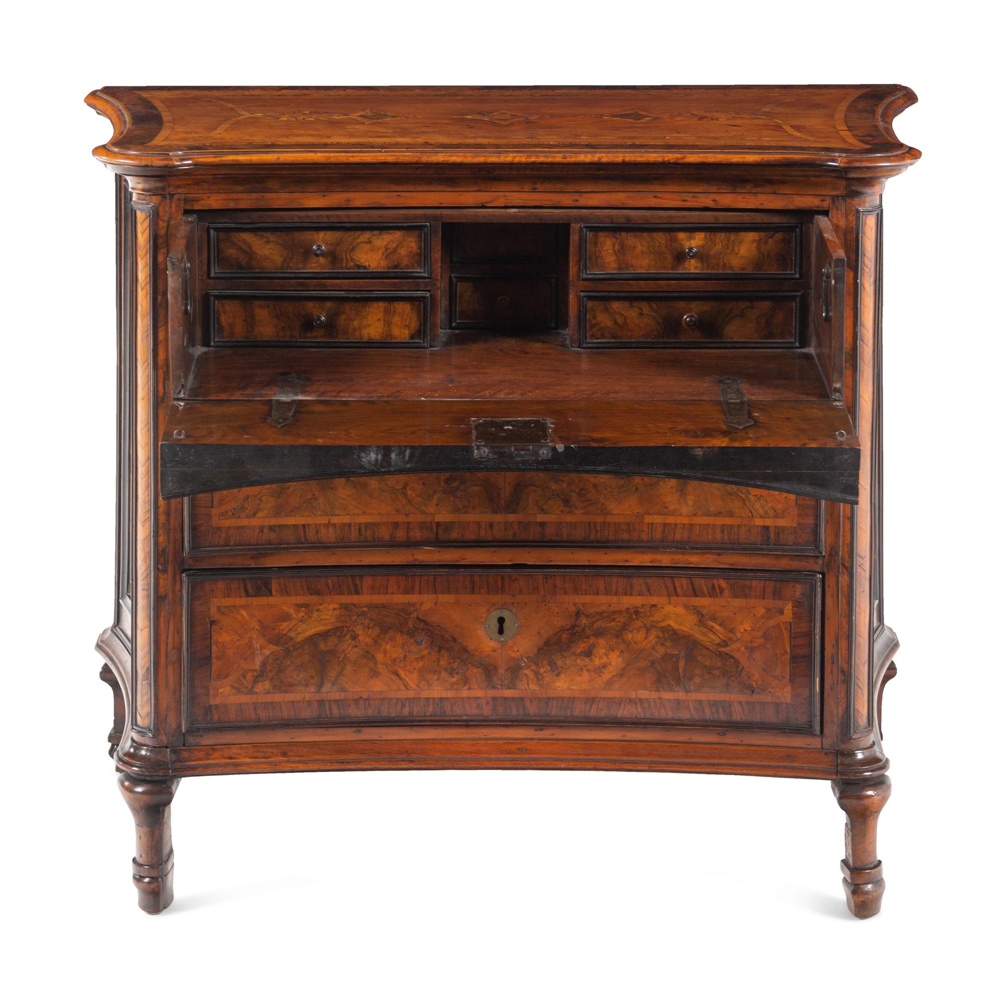 A Continental Part-Ebonized Burl Walnut Secretary Commode