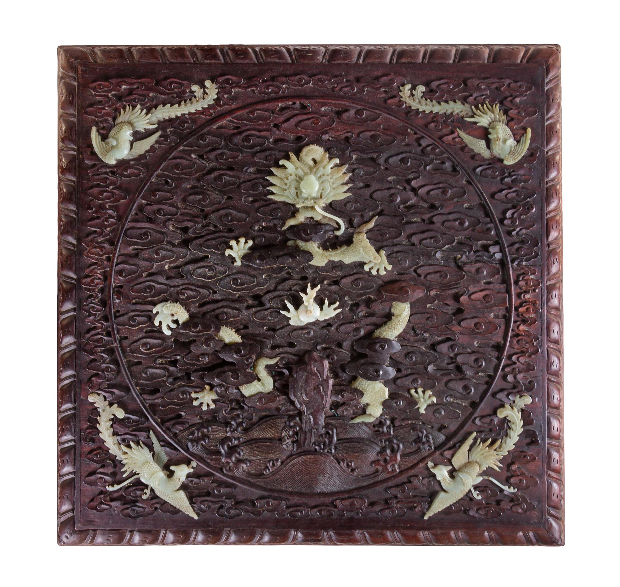 A Pair of Large Chinese Export Jade-Inset Carved Hardwood Chests on Stands