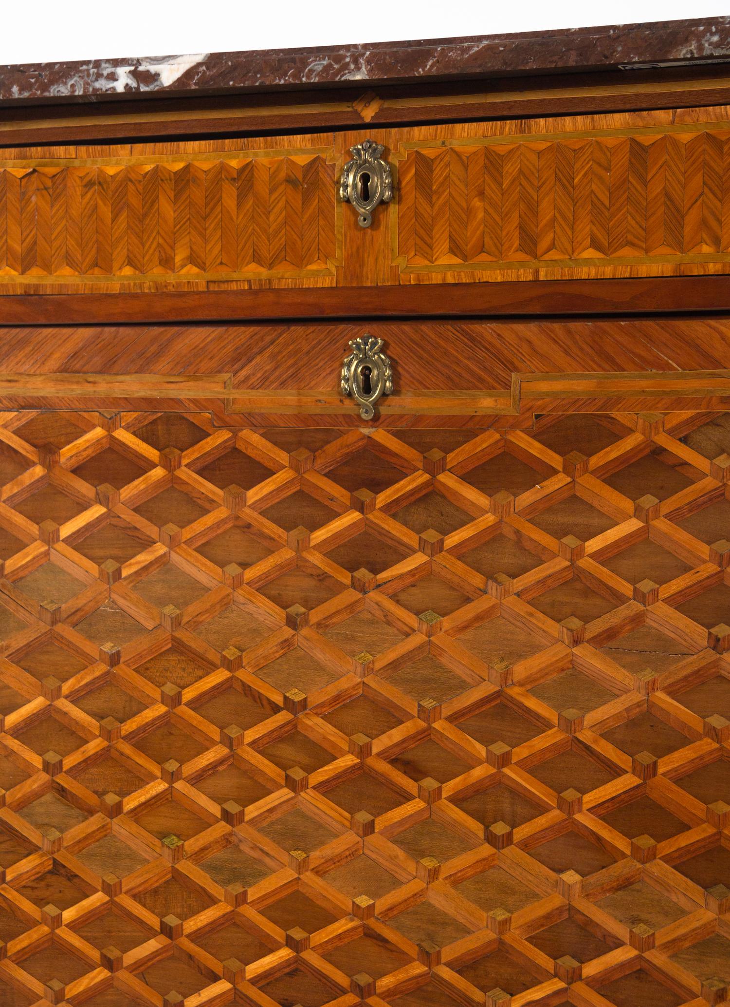A Louis XVI Parquetry Marble-Top Secrétaire à Abattant by Jacques-Laurent Cosson (French, 1737-1812)