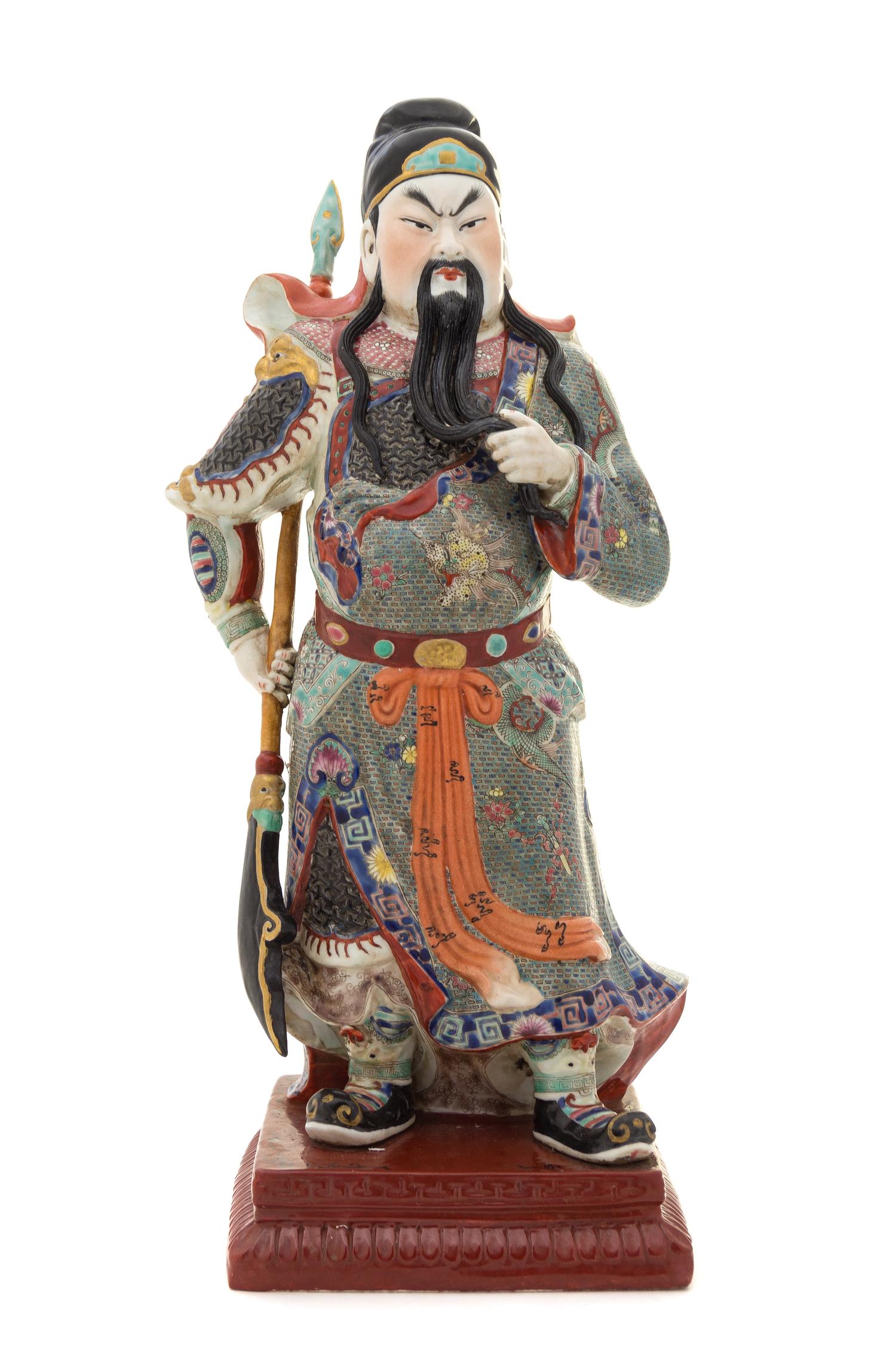 A Famille Rose Porcelain Figure of Guan Yu Height 17 1/8 inches.
