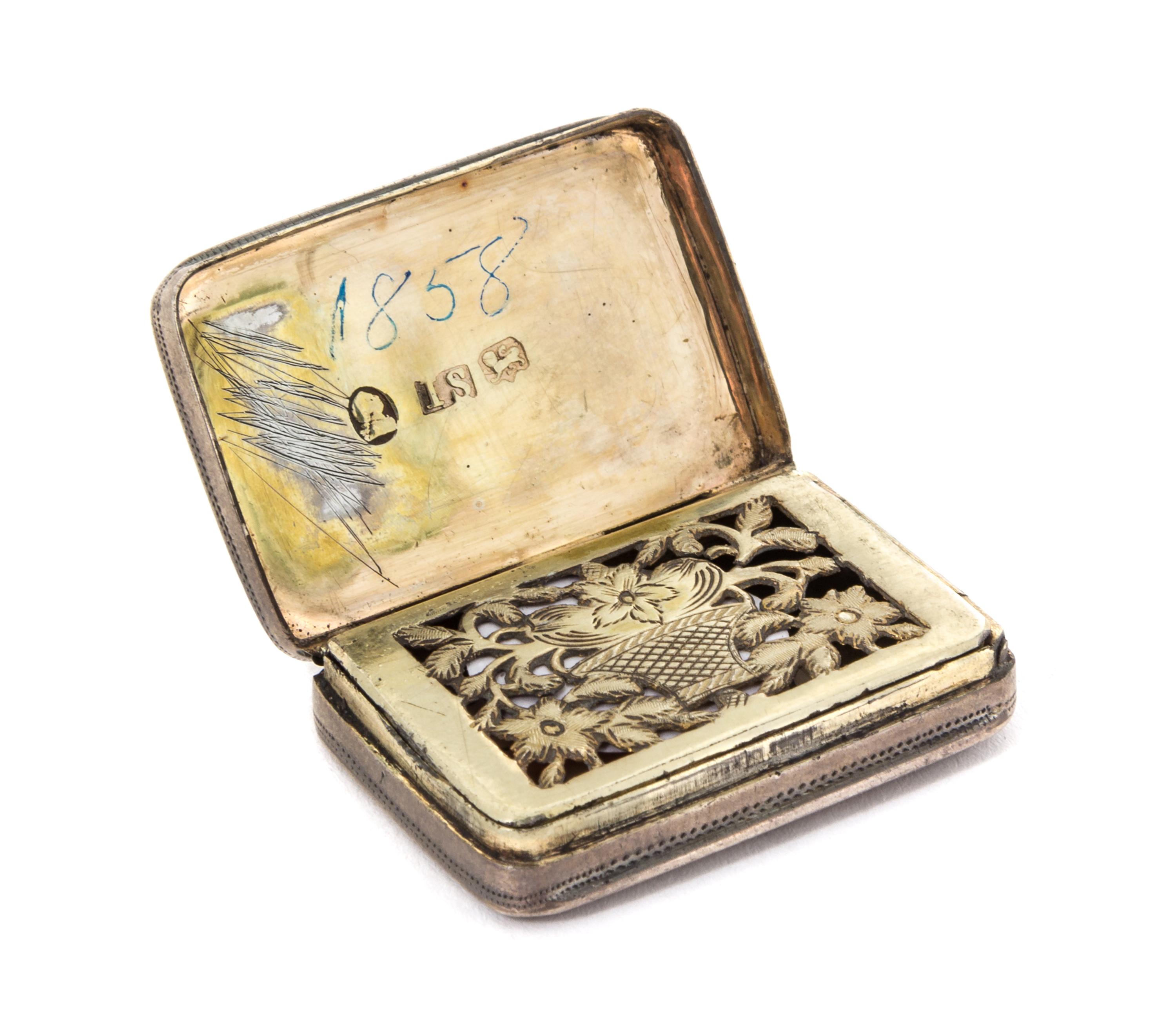 A George III Silver Vinaigrette, John Shaw, Birmingham, 1791, of rectangular form, the engine turned ground centered with an engraved c