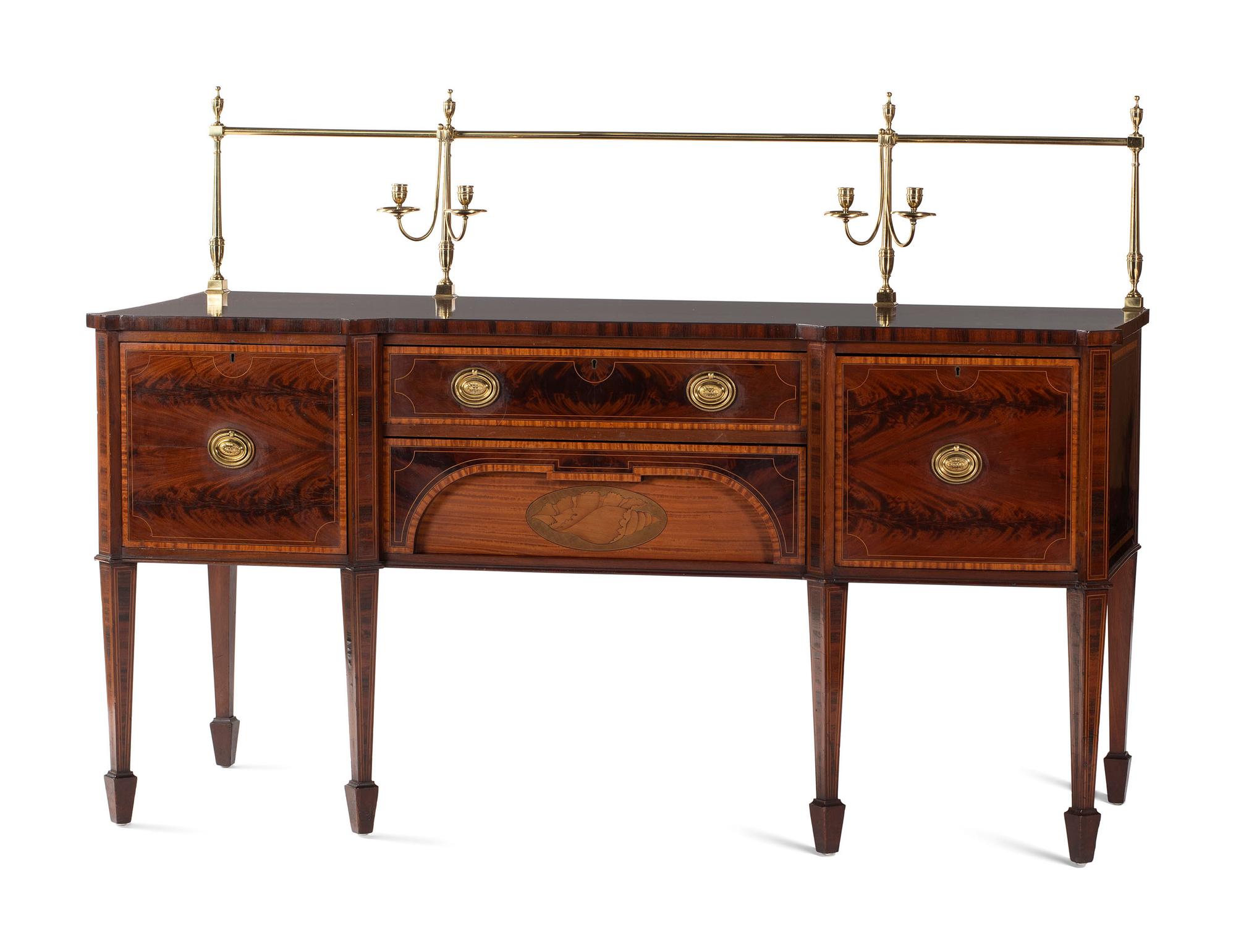 A George III Style Brass Mounted Mahogany and Marquetry Sideboard