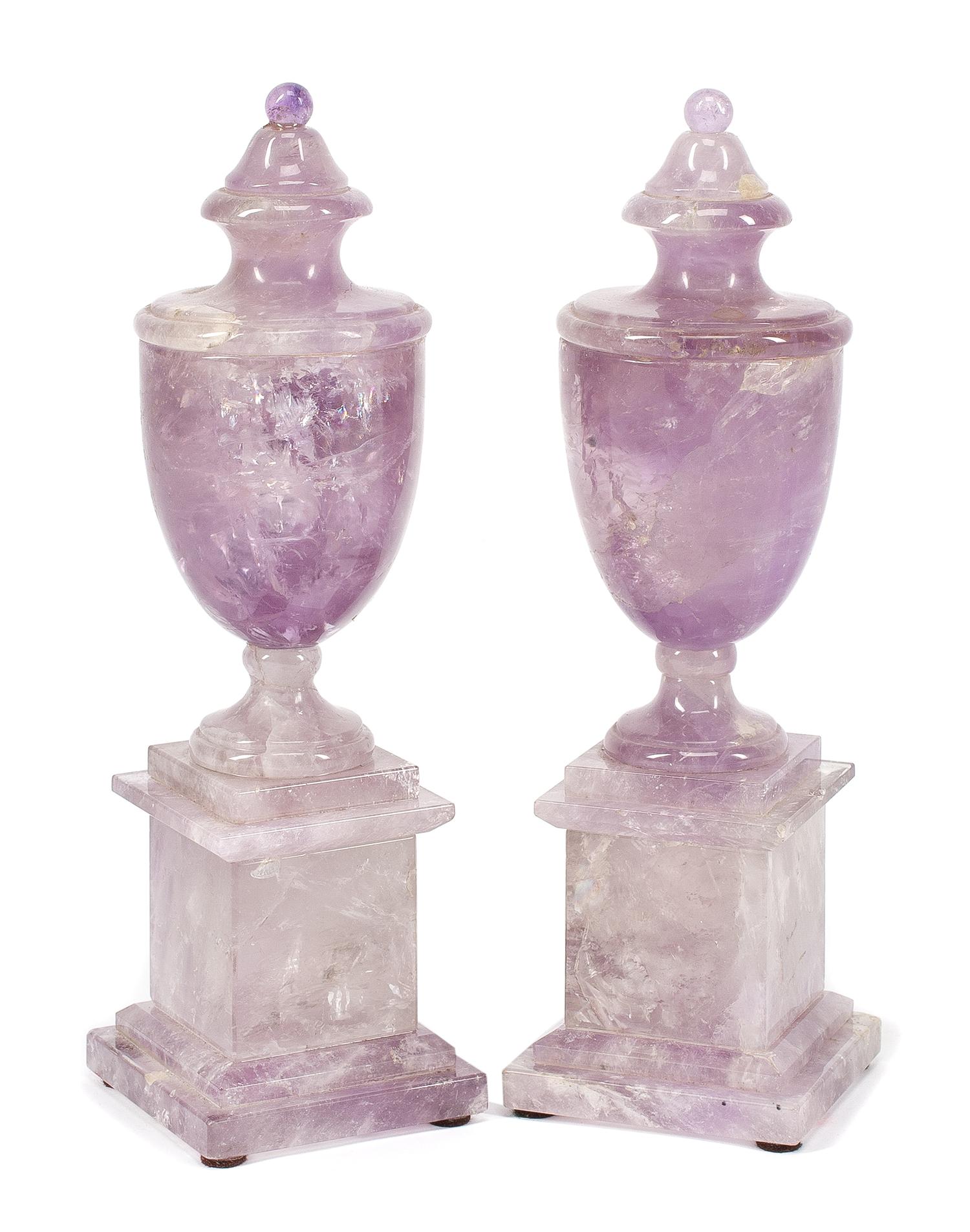 A Pair of Neoclassical Style Carved Amethyst Urns Height 10 1/4 inches.