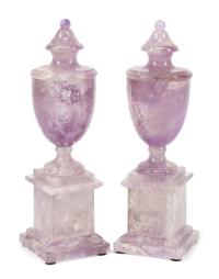A Pair of Neoclassical Style Carved Amethyst Urns Height 10 1/4 inches.