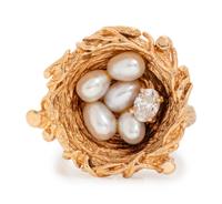 A 14 Karat Yellow Gold, Cultured Pearl and Diamond Bird's Nest Ring,