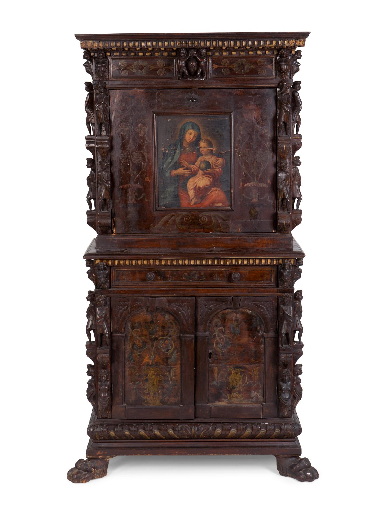A Spanish Colonial Style Carved Oak and Painted Vargueno Cabinet on Base — 19TH CENTURY