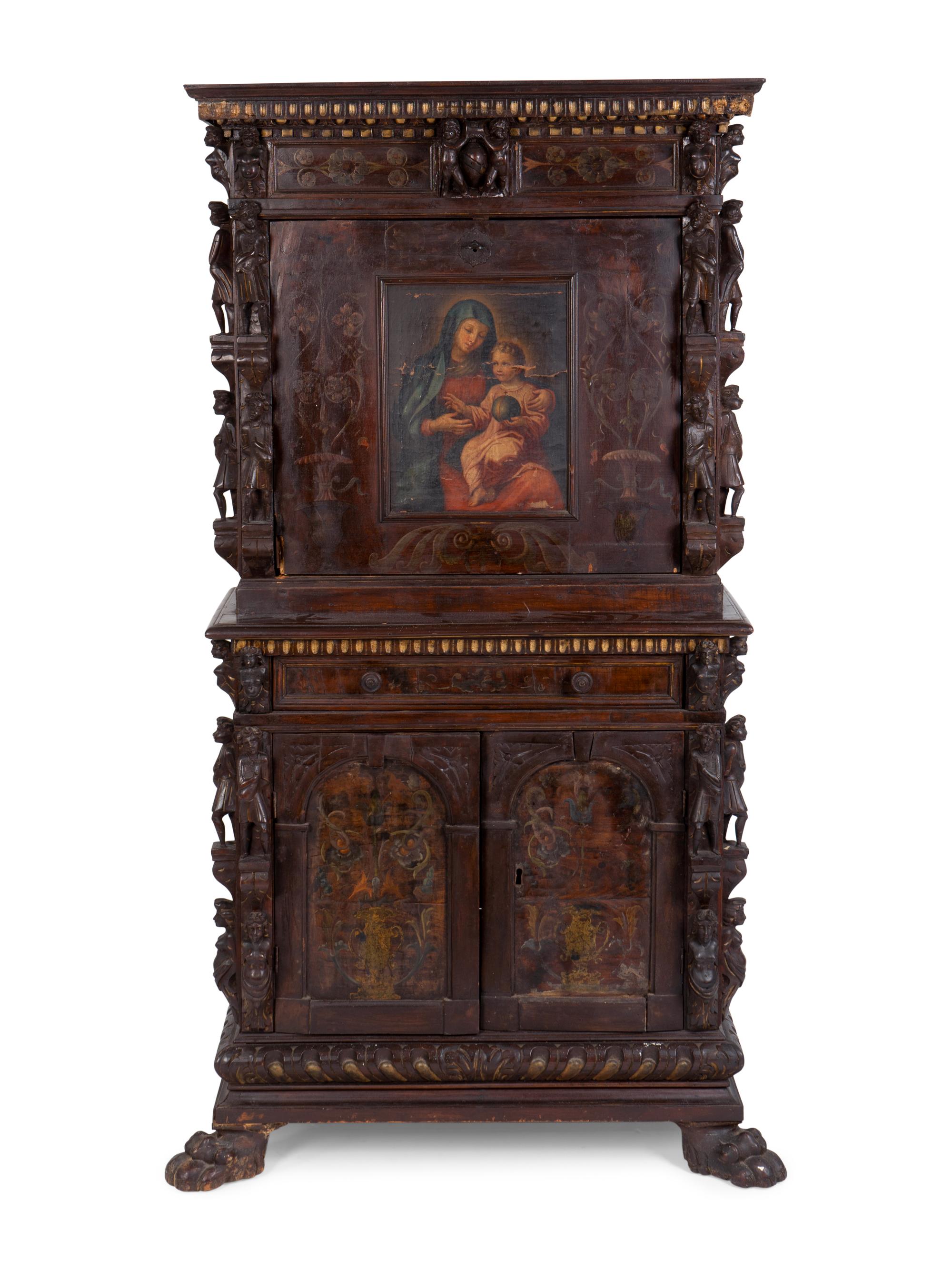 A Spanish Colonial Style Carved Oak and Painted Vargueno Cabinet on Base — 19TH CENTURY