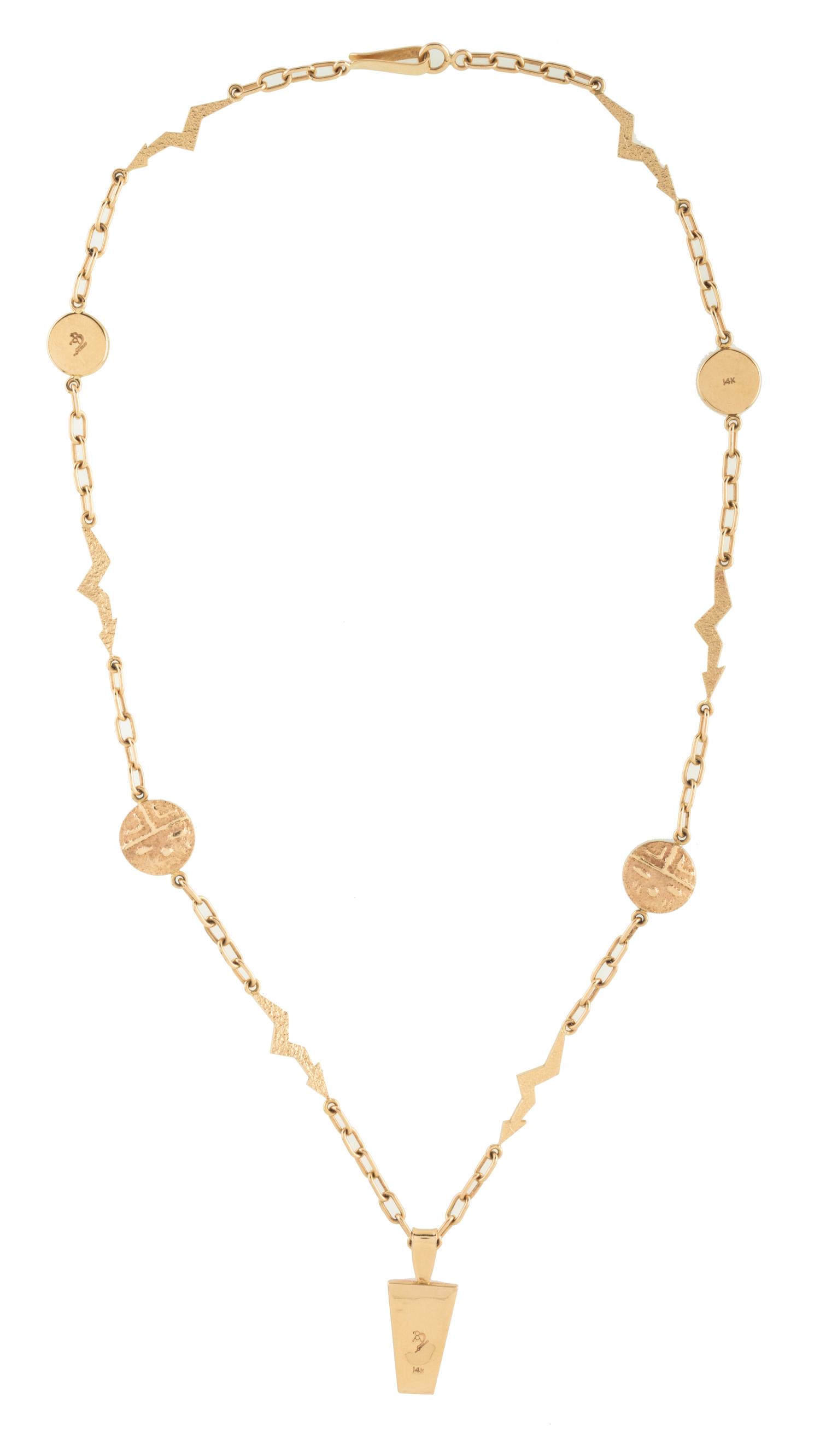 14k Gold Tufa Cast Necklace, with Turquoise, Coral, Opal, and Sugilite Lot is located and will ship from Denver, Colorado.