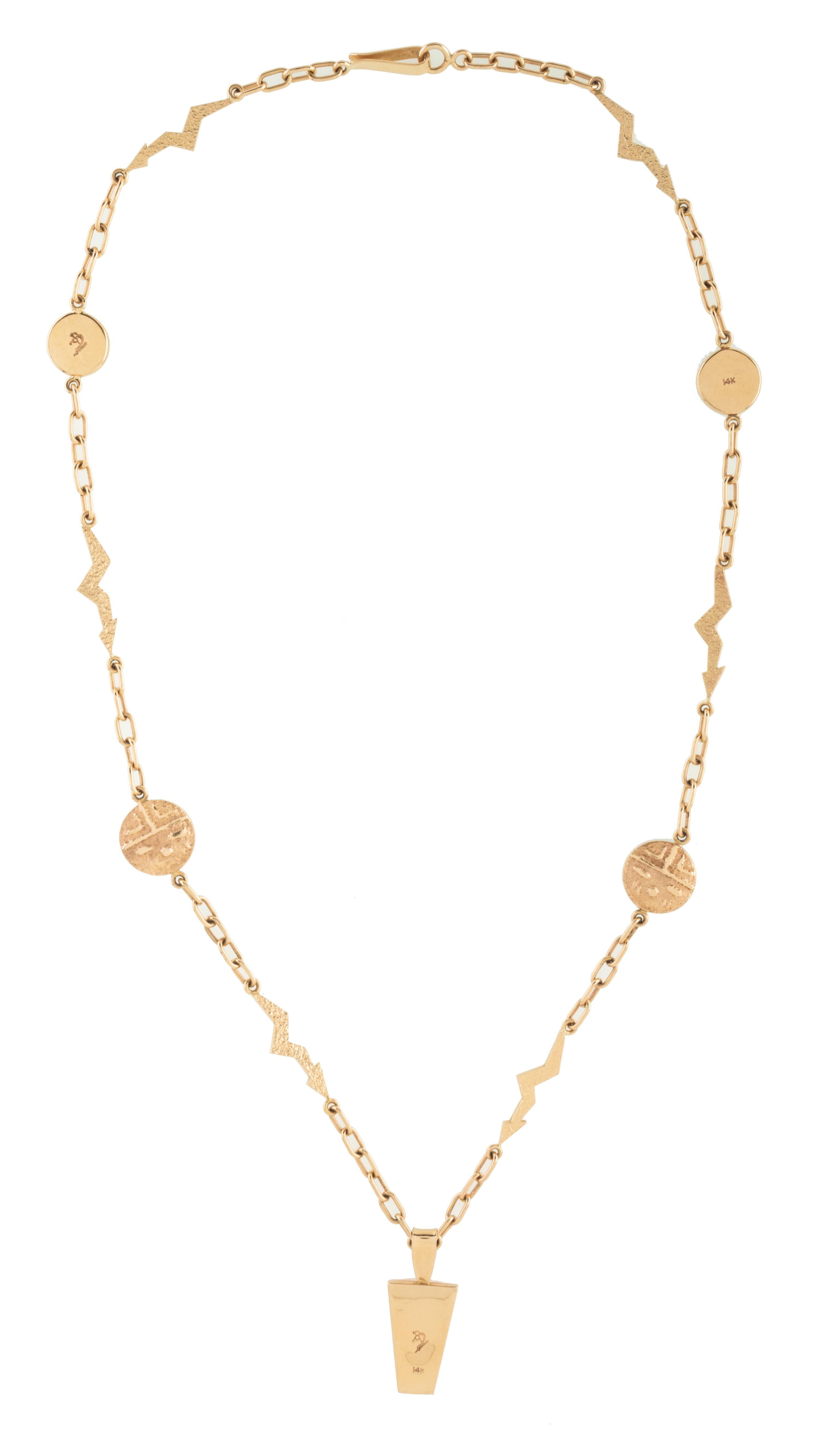 14k Gold Tufa Cast Necklace, with Turquoise, Coral, Opal, and Sugilite Lot is located and will ship from Denver, Colorado.