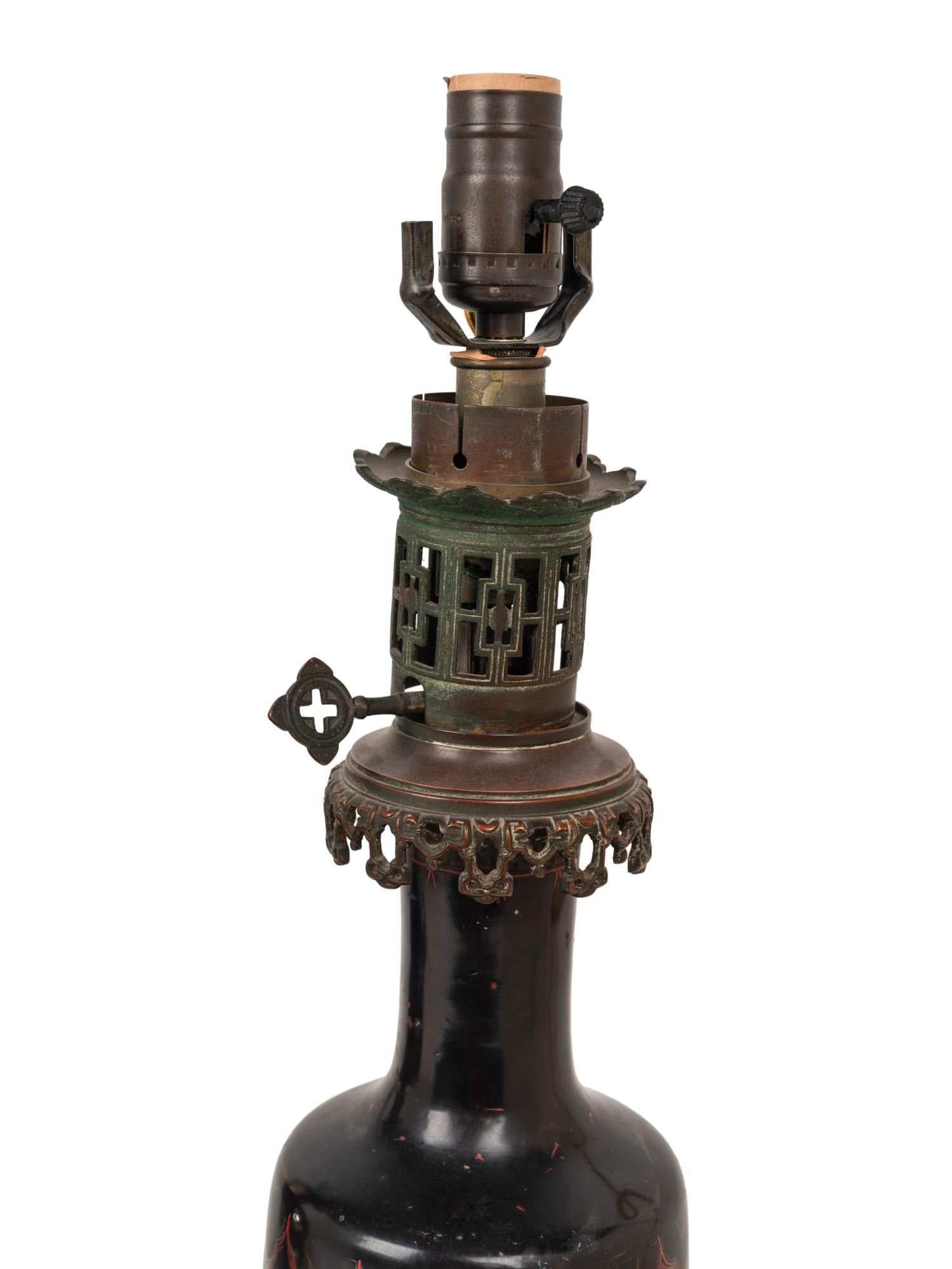 A Pair of French Gilt Bronze Mounted and Gilt Decorated Black Opaline Glass Oil Lamps
