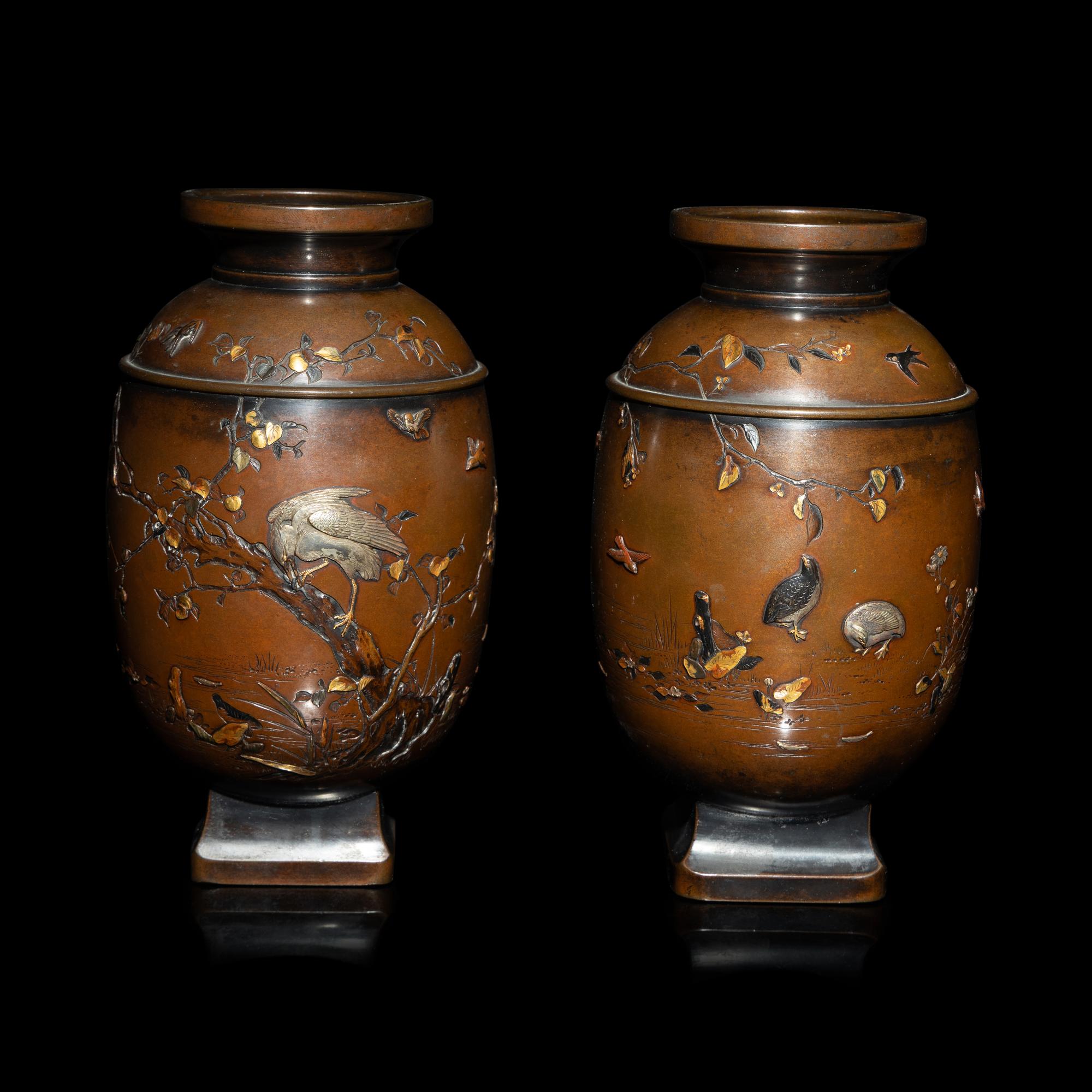 A Pair of Japanese Mixed Metal Vases, Miyabe Atsuyoshi, Late Meiji Period