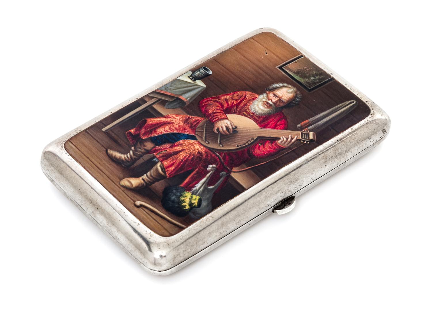 A Russian Enameled Silver Cigarette Case, Mark of Konstantin Skvortsov, Moscow, late 19th century, the lid decorated with a scene of a