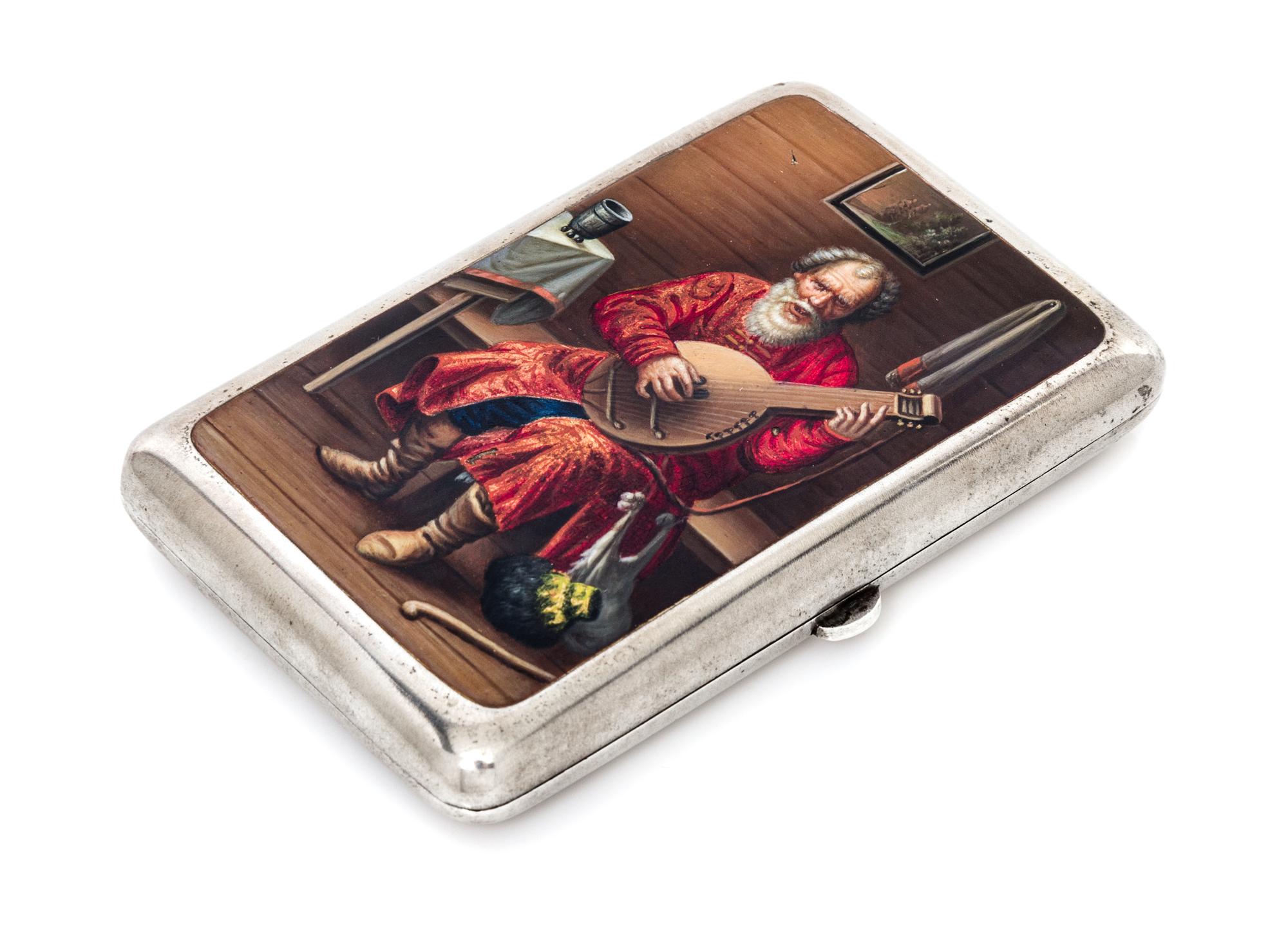 A Russian Enameled Silver Cigarette Case, Mark of Konstantin Skvortsov, Moscow, late 19th century, the lid decorated with a scene of a