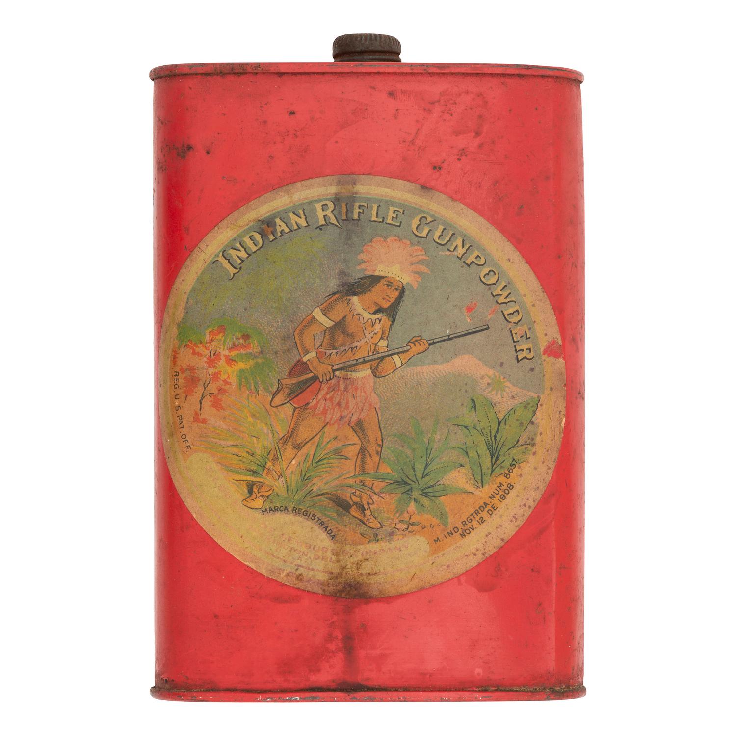 [ADVERTISING]. "Indian Rifle Gunpowder" can. Wilmington, Delaware: DuPont, 1910.