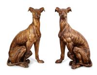 A Pair of Italian Grain-Painted Carved Wood Greyhounds
