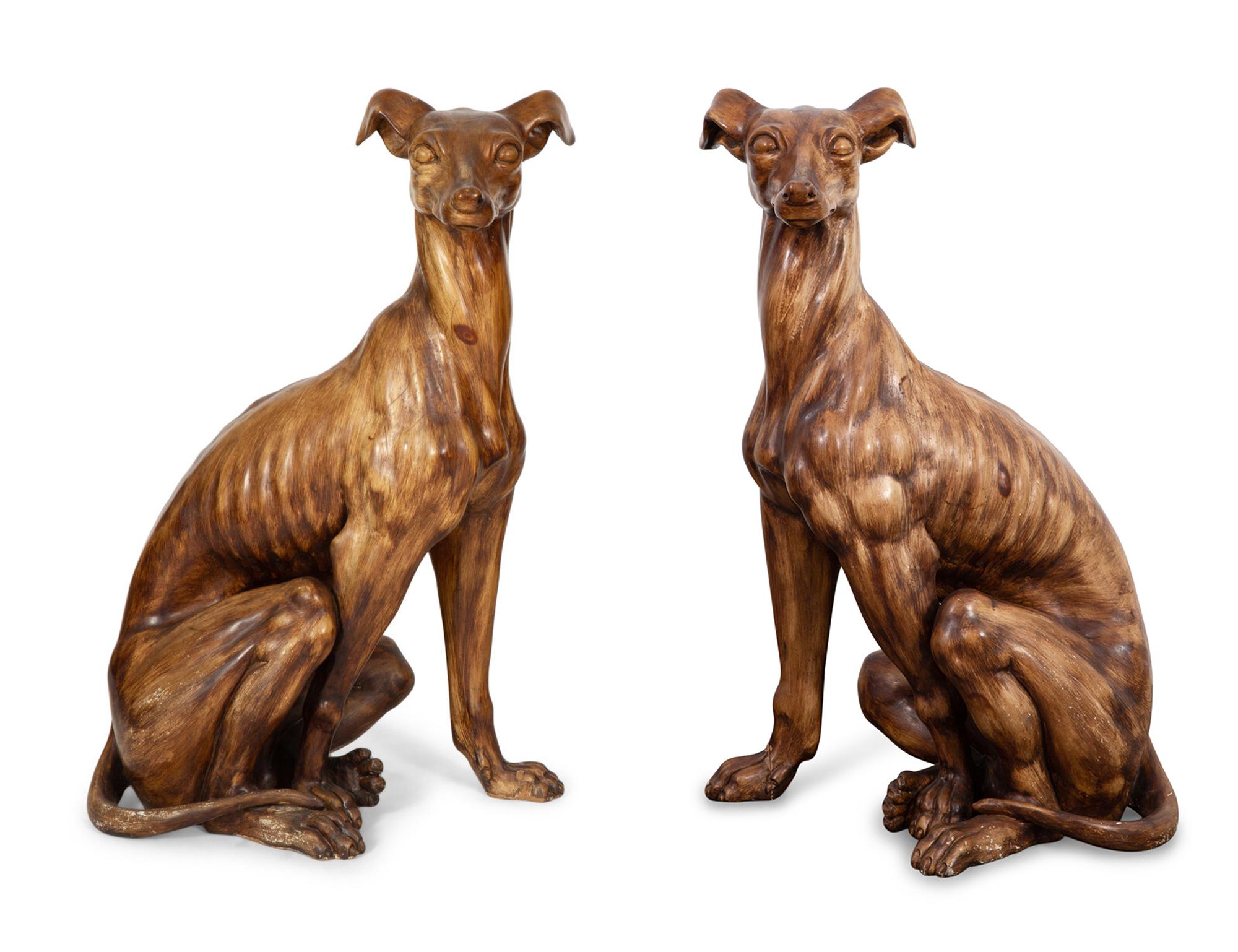 A Pair of Italian Grain-Painted Carved Wood Greyhounds