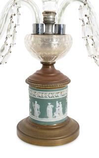 A Pair of English Cut Glass and Gilt Bronze Two-Light Candelabra with Wedgwood Jasperware Inserts