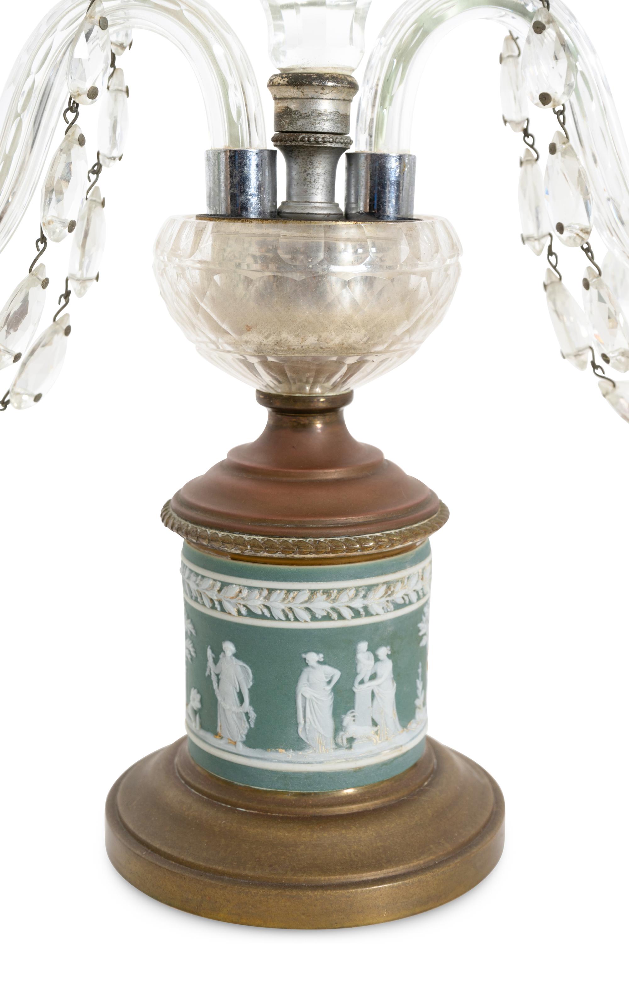 A Pair of English Cut Glass and Gilt Bronze Two-Light Candelabra with Wedgwood Jasperware Inserts
