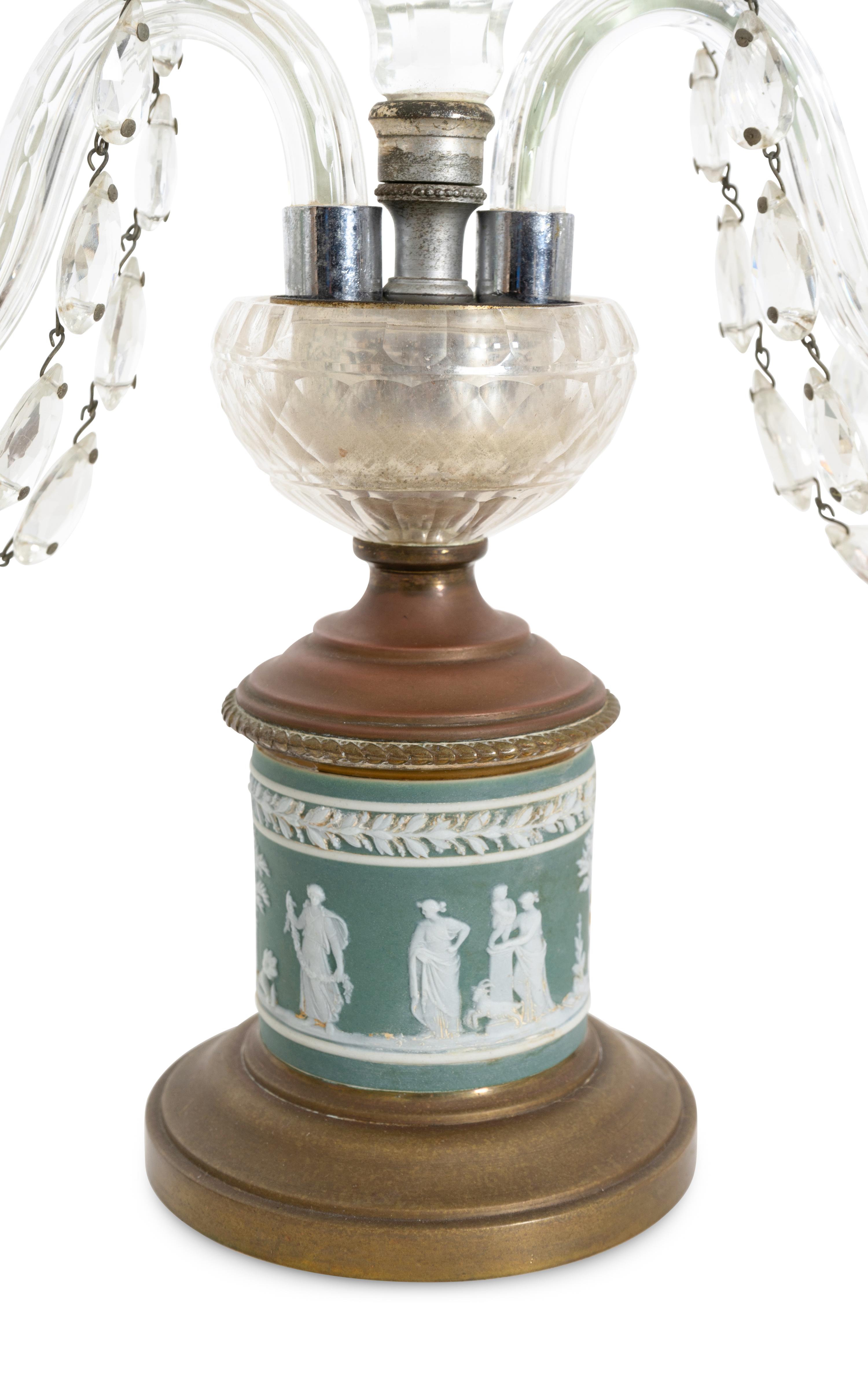 A Pair of English Cut Glass and Gilt Bronze Two-Light Candelabra with Wedgwood Jasperware Inserts