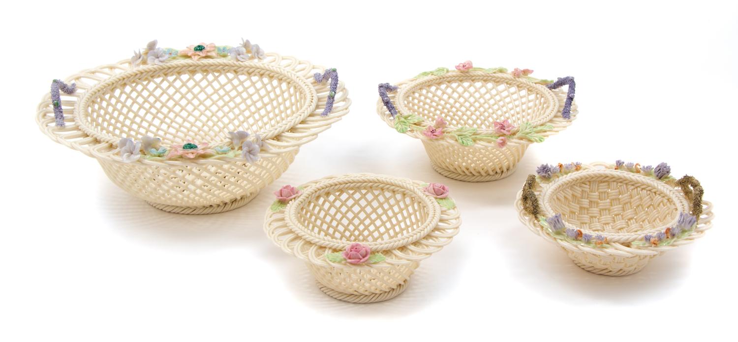 Four Belleek Three Strand Baskets Diameter of largest 8 1/2 inches. — THREE WITH PRINTED ONE PAD MARK