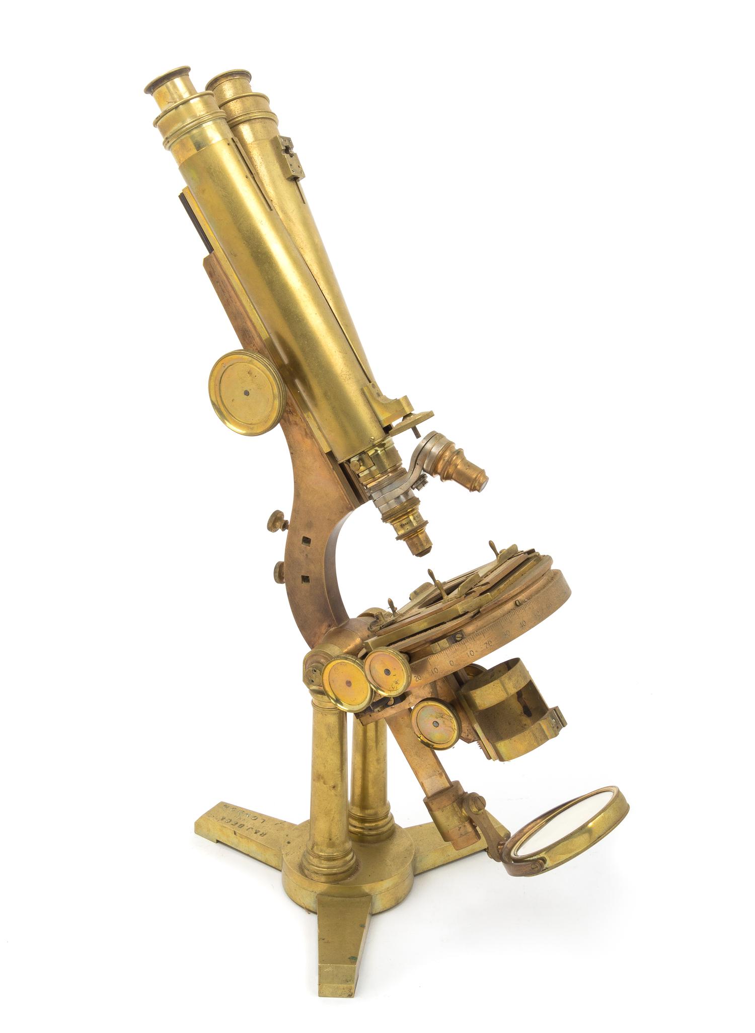 An English Brass Binocular Microscope Height 19 1/4 inches. — R&J BECK, LONDON