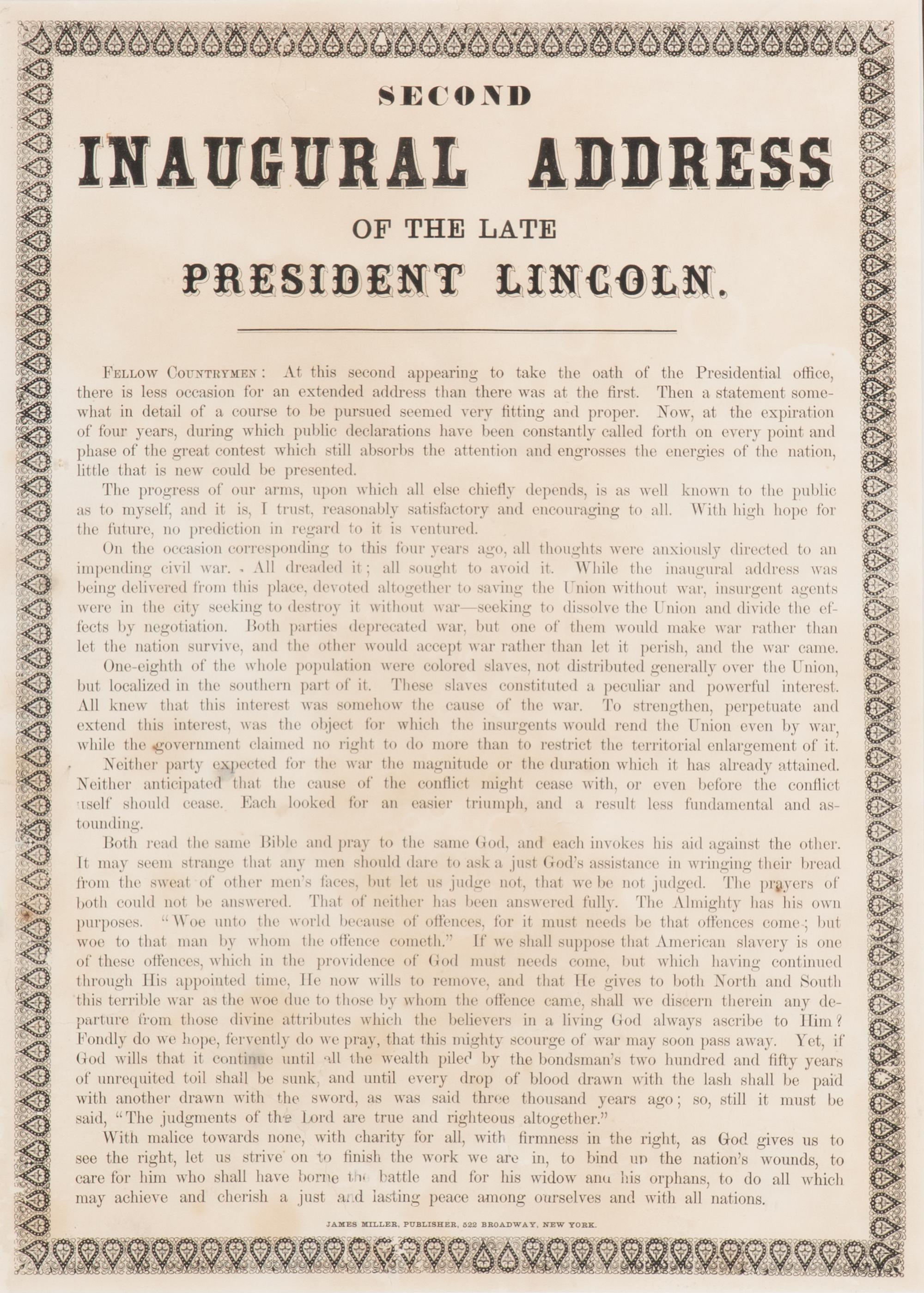 [LINCOLN, Abraham (1809-1865)] . Second Inaugural Address of the Late President Lincoln. New York: James Miller, [1865].