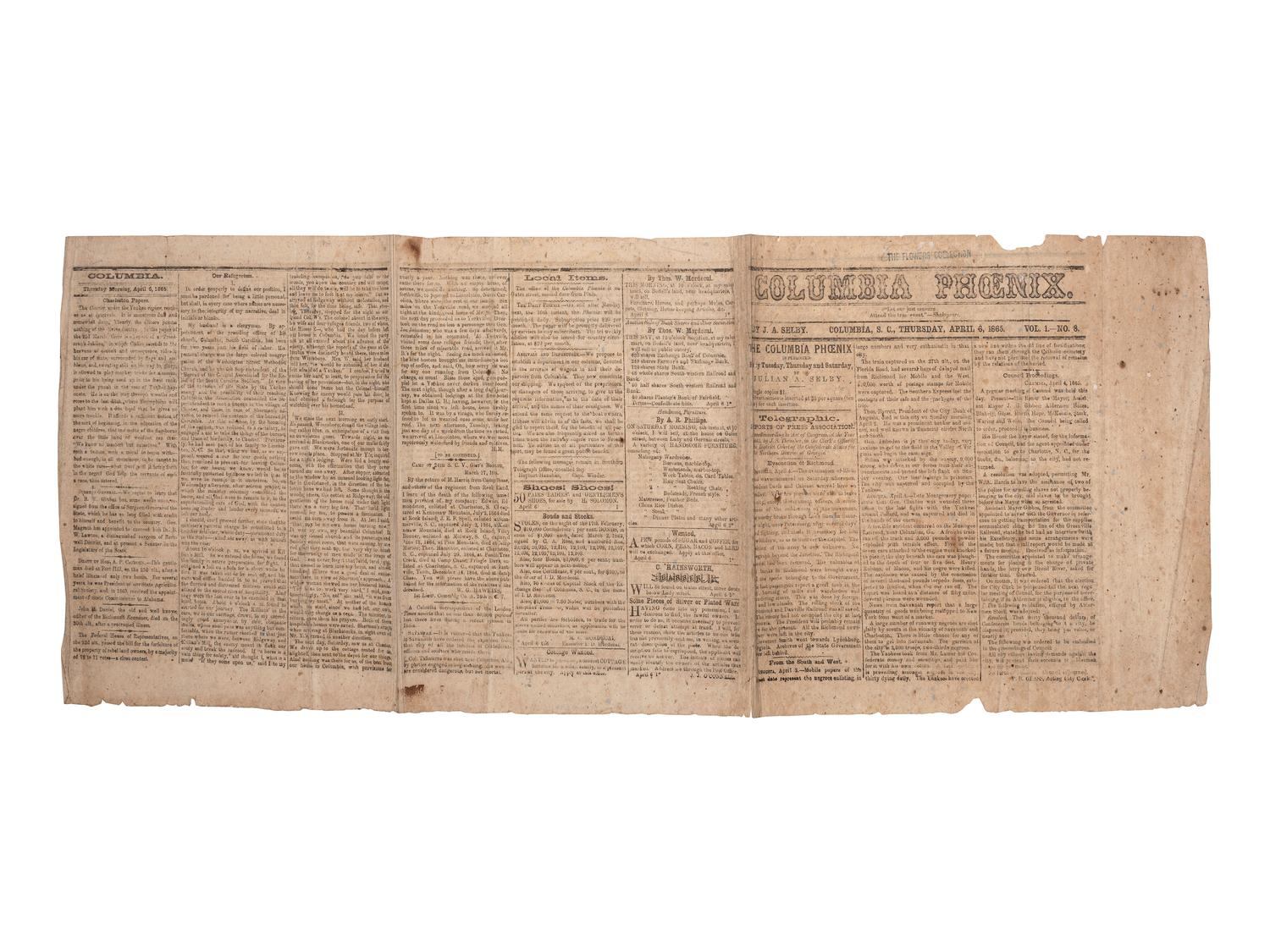 [CIVIL WAR]. Two Southern newspapers covering the evacuation and capture of Richmond, featuring a 15 April 1865 newspaper covering Lincoln's visit to Richmond but unaware of his assassination.