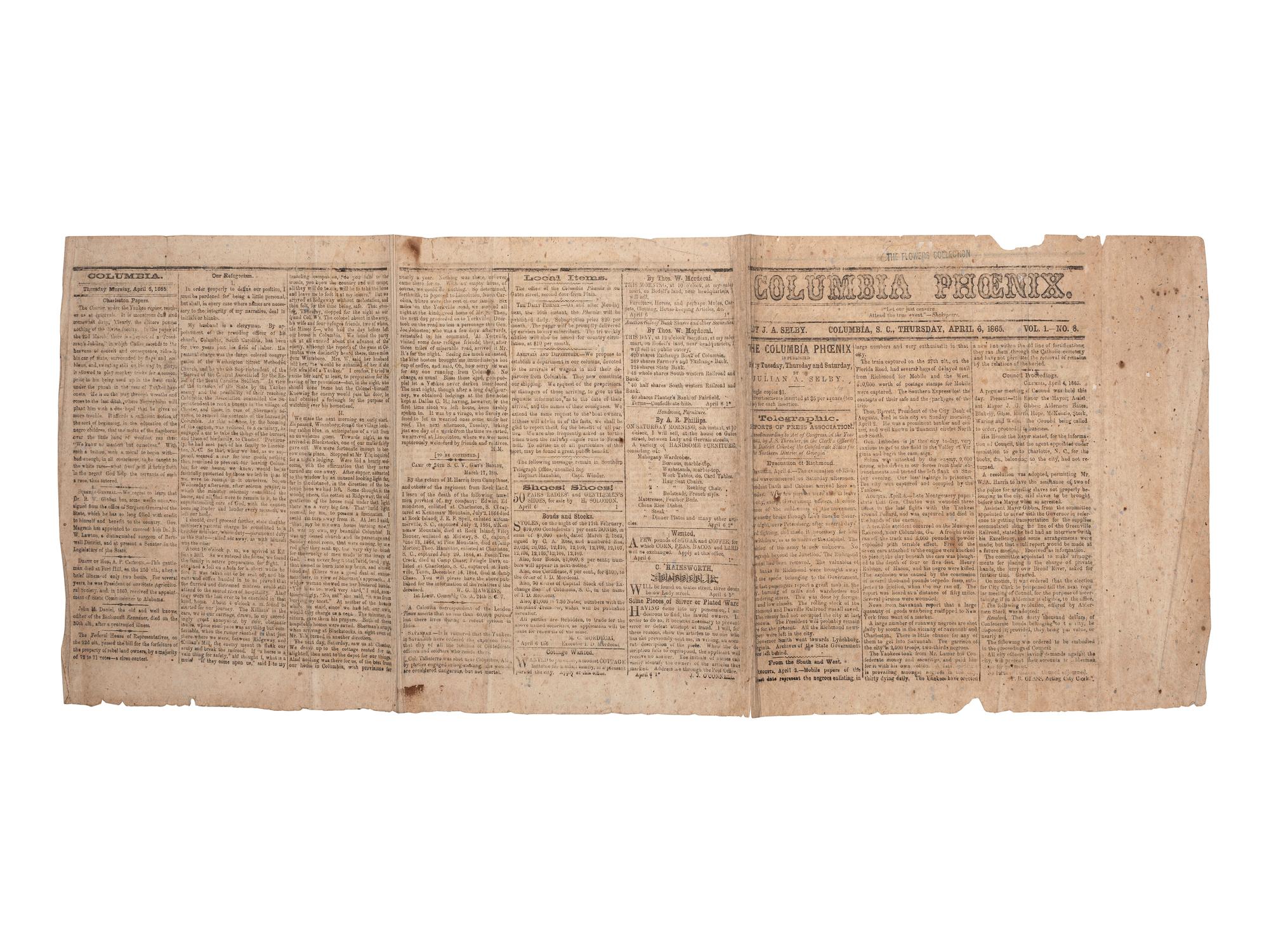 [CIVIL WAR]. Two Southern newspapers covering the evacuation and capture of Richmond, featuring a 15 April 1865 newspaper covering Lincoln's visit to Richmond but unaware of his assassination.