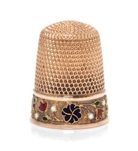 An American 14-Karat Rose Gold and Enamel Thimble, Simons Bros., Philadelphia, PA, the knurled top and body above a polychrome enamel f