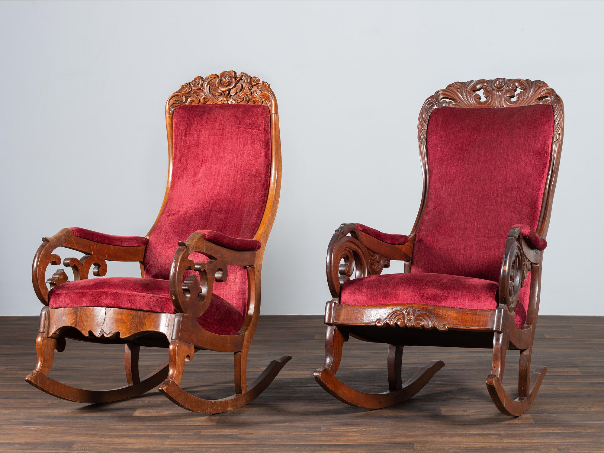 A Matched Pair of Victorian Carved Walnut Rocker Armchairs