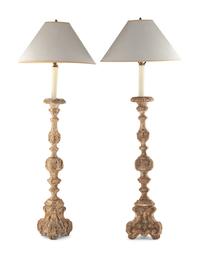 A Pair of Large Baroque Style Painted Prickets Mounted as Floor Lamps