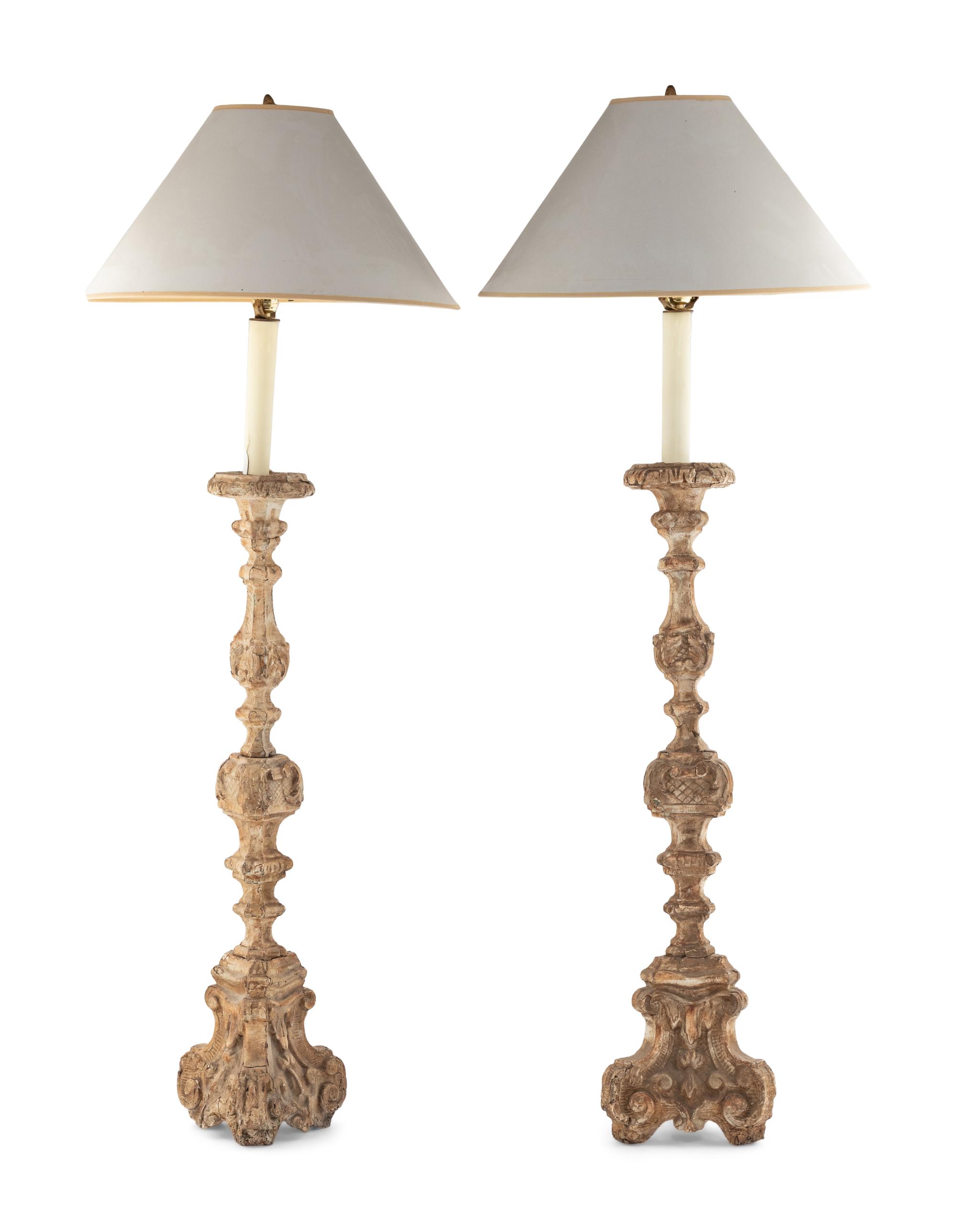 A Pair of Large Baroque Style Painted Prickets Mounted as Floor Lamps