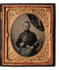 [CIVIL WAR]. Sixth plate tintype of a double-armed Union cavalryman with a Starr revolver, posed before the American flag.