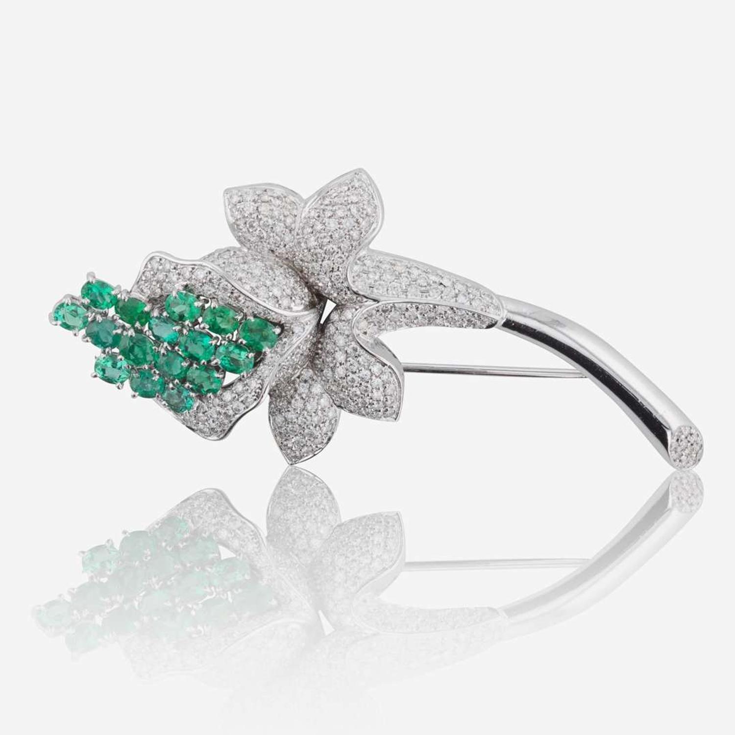 An Emerald, Diamond, and 18K White Gold Brooch