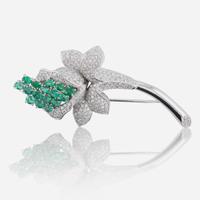 An Emerald, Diamond, and 18K White Gold Brooch