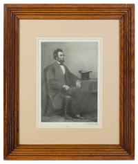 A Woodblock Print of Abraham Lincoln 10 3/4 x 7 1/2 inches (visible).