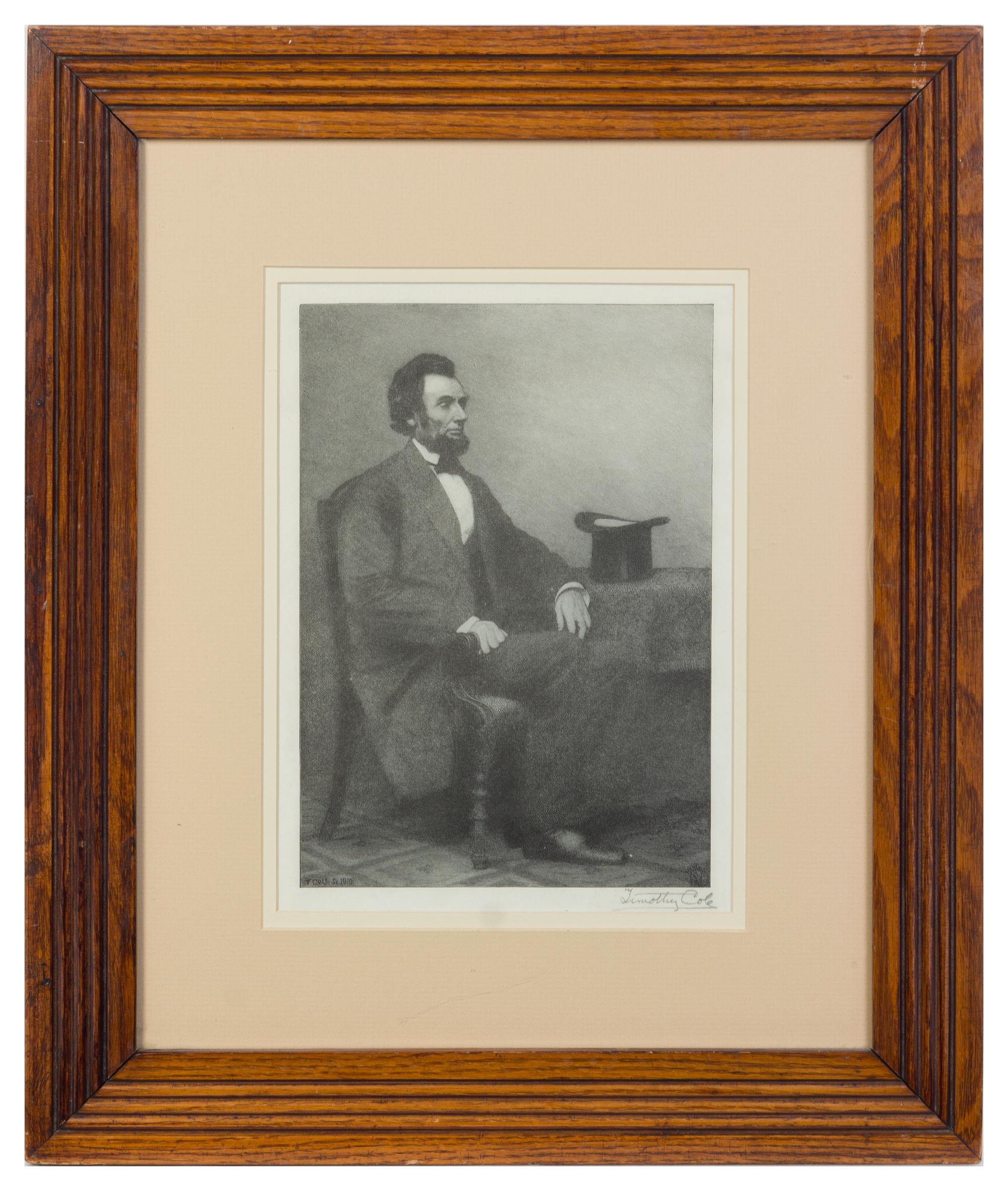 A Woodblock Print of Abraham Lincoln 10 3/4 x 7 1/2 inches (visible).