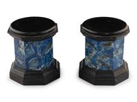 A Pair of Black Stone and Lapis Lazuli Octagonal Small Pedestals