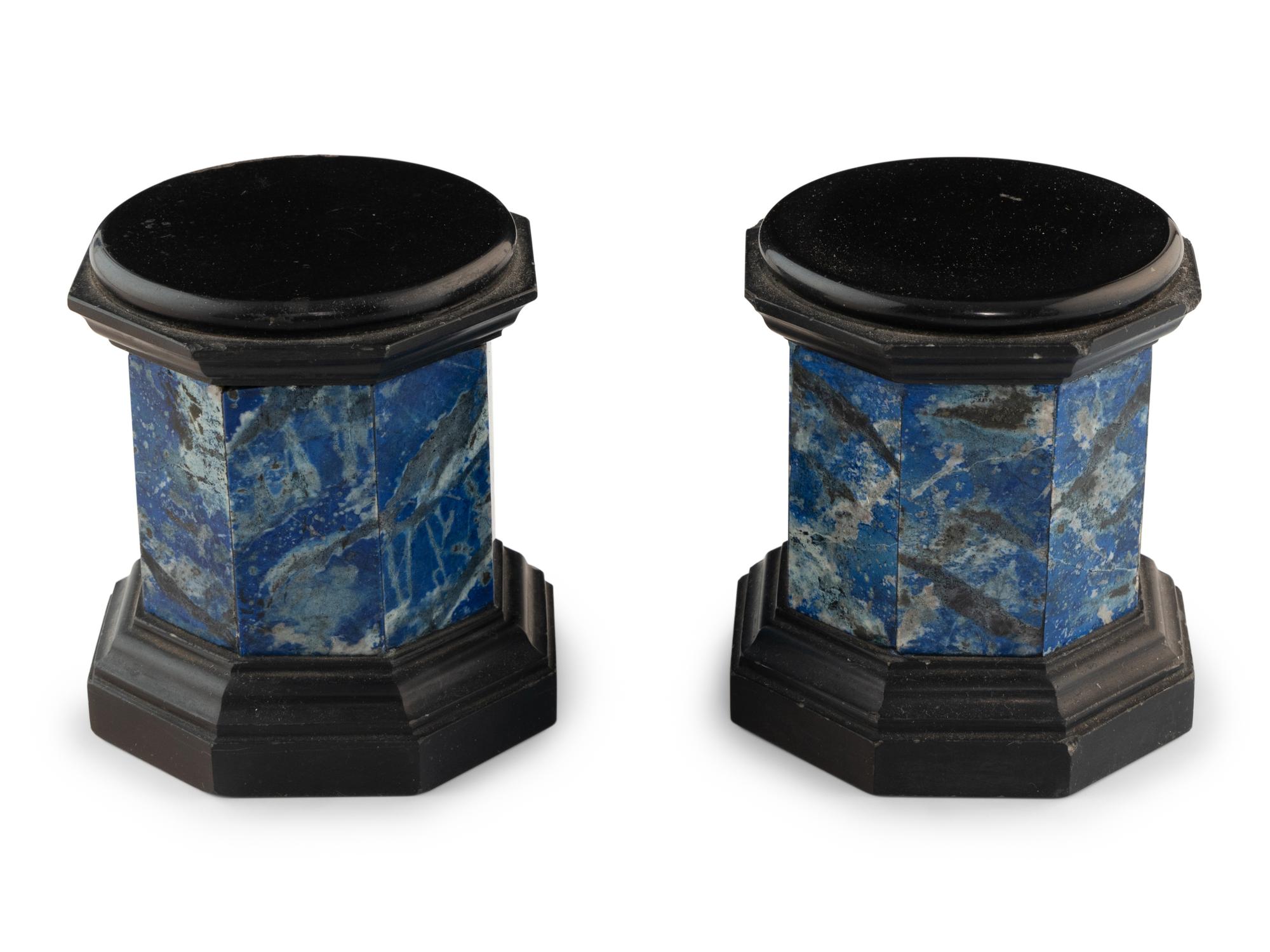 A Pair of Black Stone and Lapis Lazuli Octagonal Small Pedestals