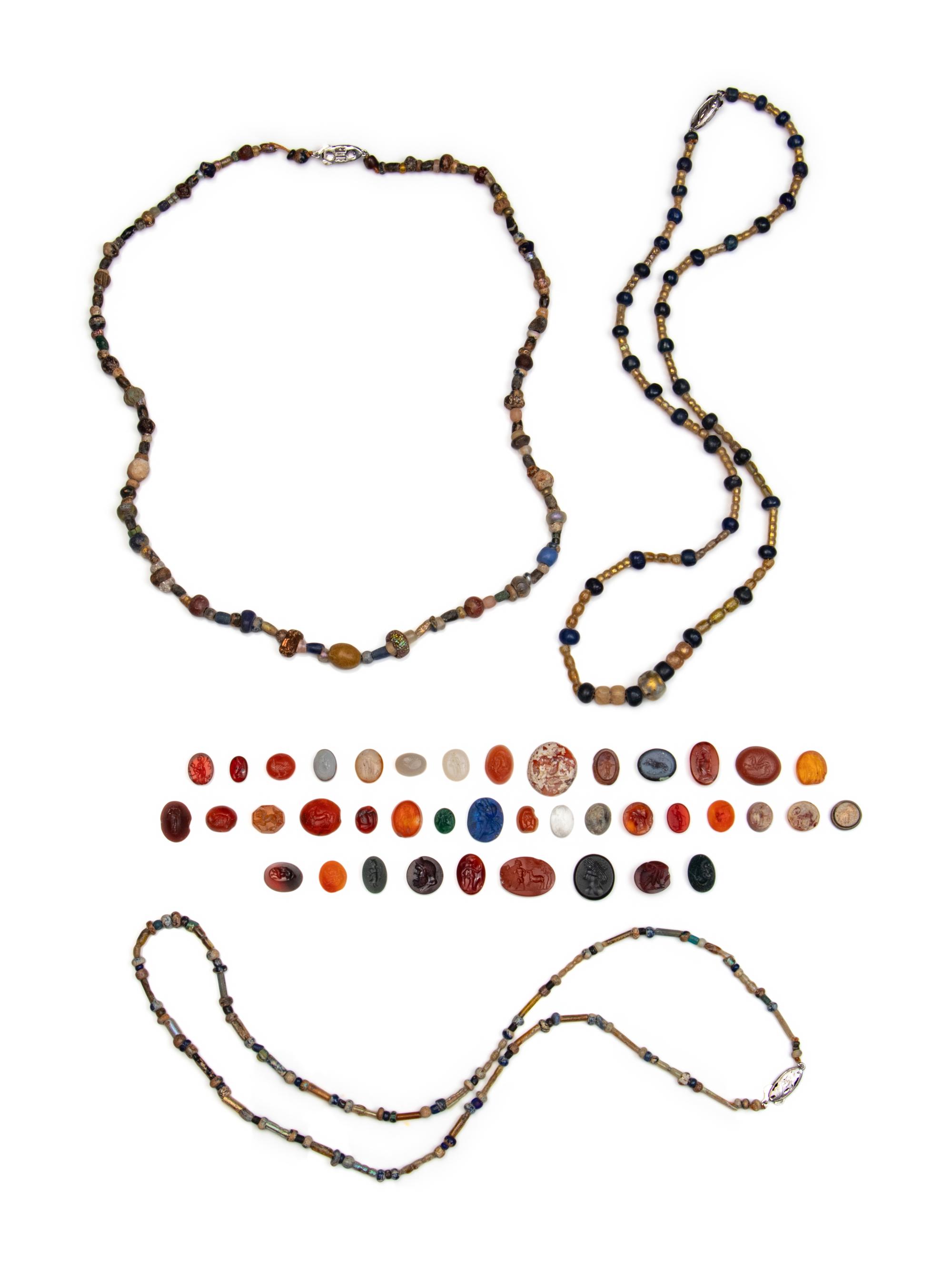 40 Greco-Roman and Persian Hardstone Intaglios and Three Bead Necklaces