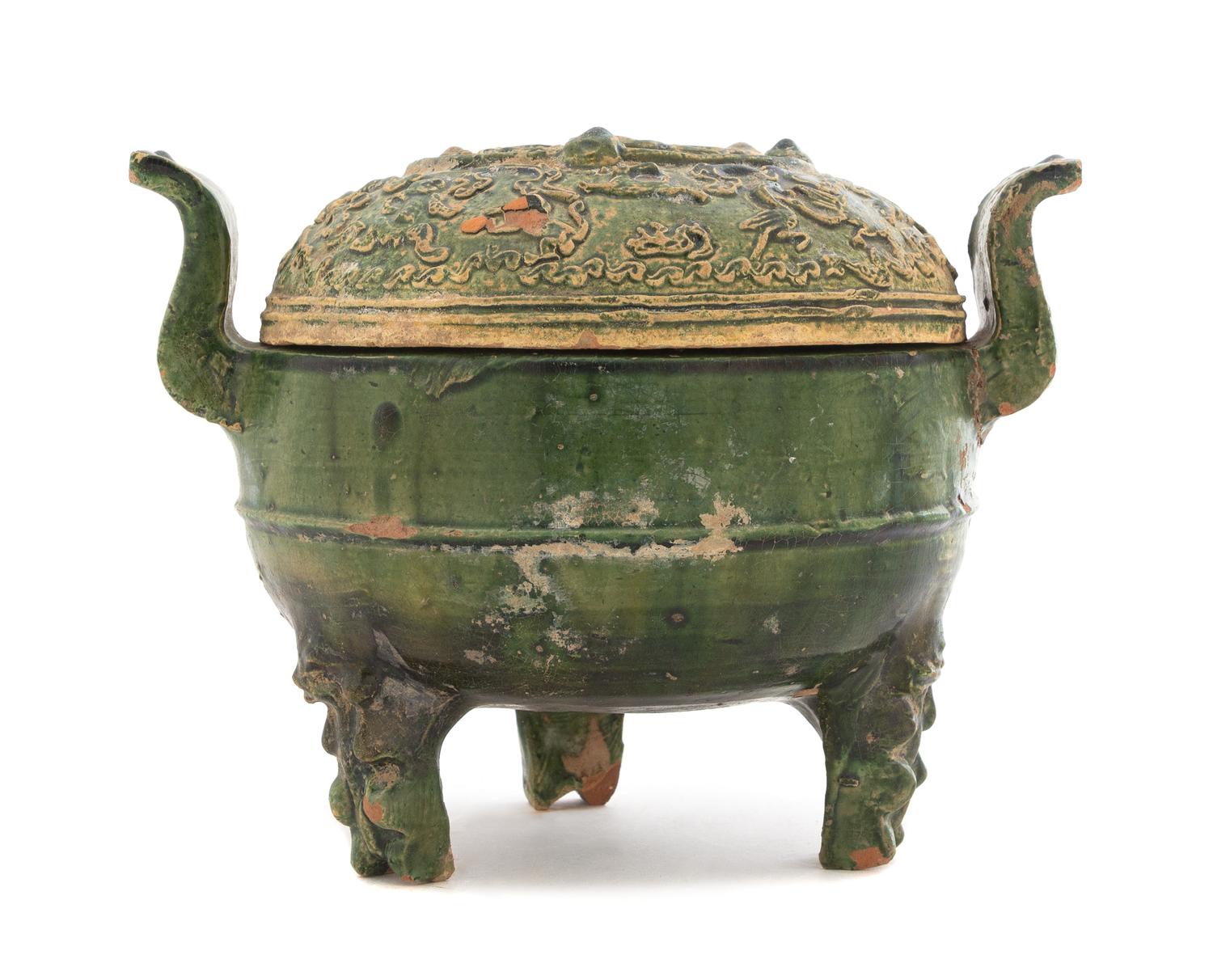 A Chinese Green Glazed Pottery Ding Height 7 1/2 inches. — HAN DYNASTY (206 B.C. - A.D. 220)