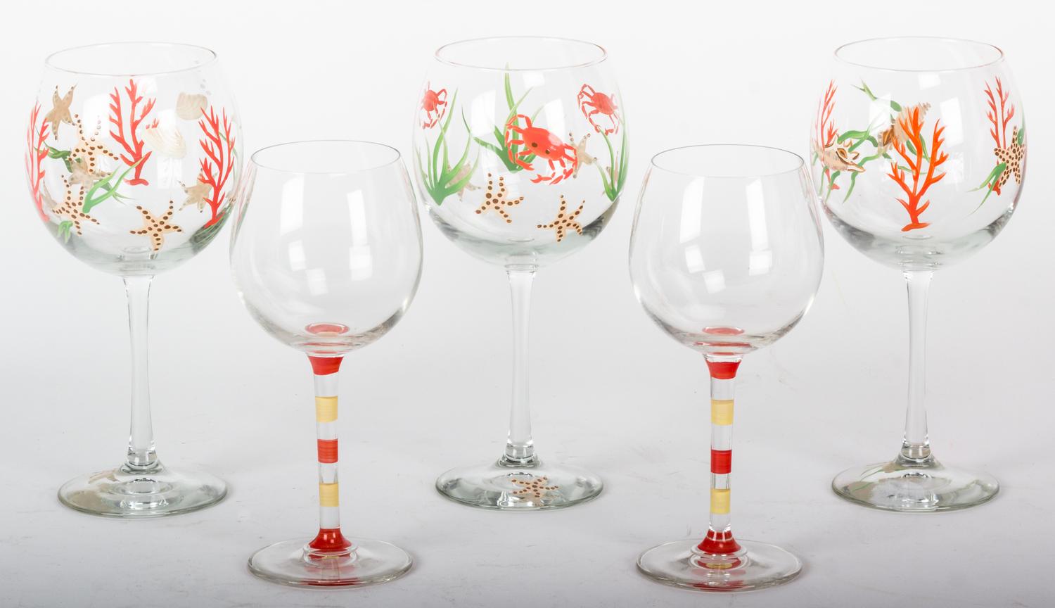 A Set of Hand Painted Stemware Height of taller 8 3/8 inches.