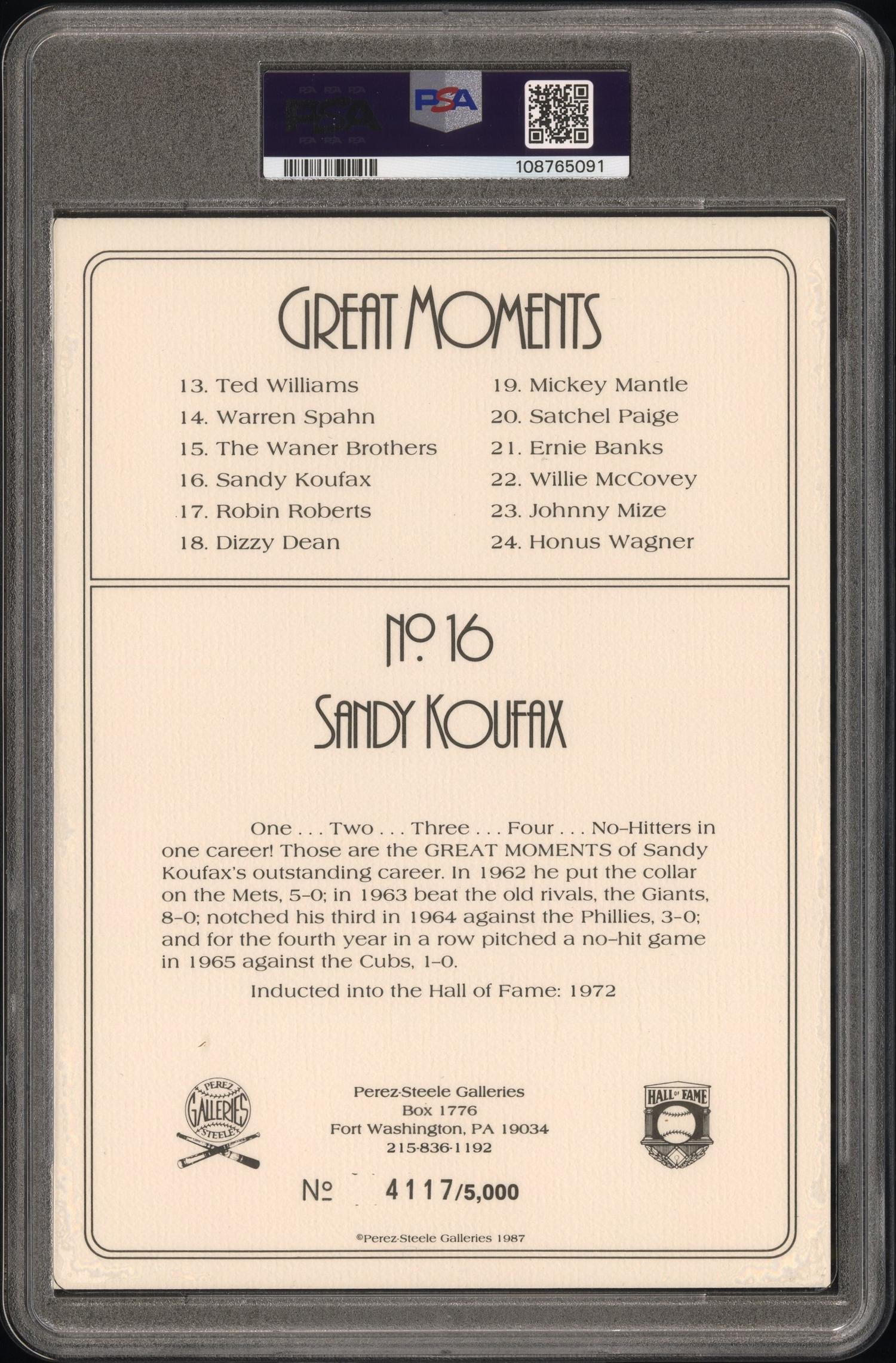 A Sandy Koufax Signed Autograph Perez Steele Great Moments Postcard (PSA)